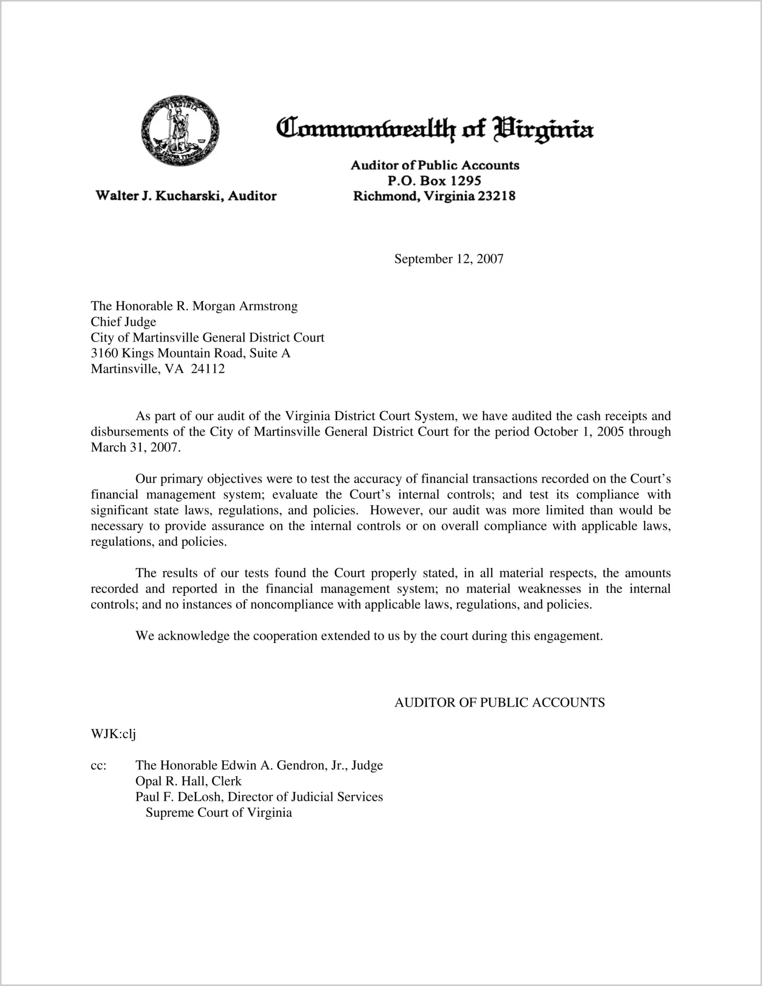 The City of Martinsville General District Court for the period of October 1, 2005 through March 31, 2007