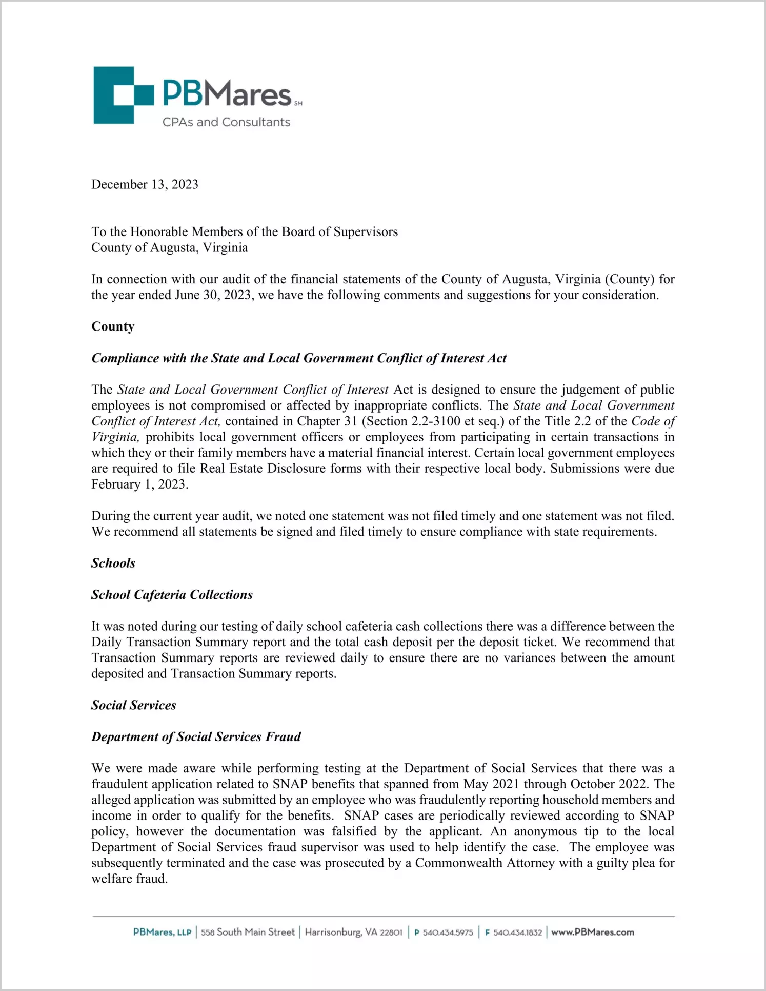 preview of 2023 Management Letter for County of Augusta