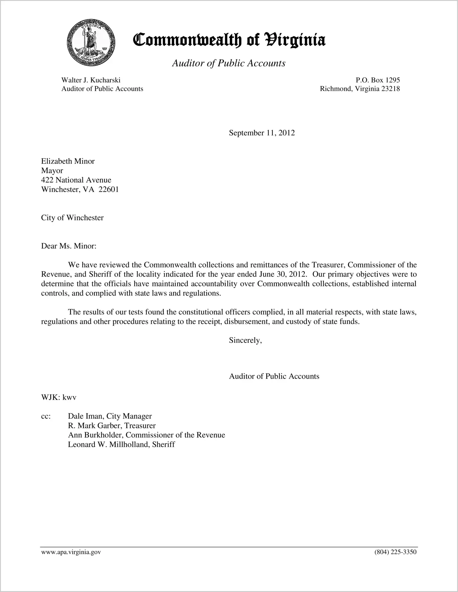 Commonwealth collections and remittances of the Treasurer, Commissioner of the Revenue, and Sheriff of the City of Winchester for the year ended June 30, 2012
