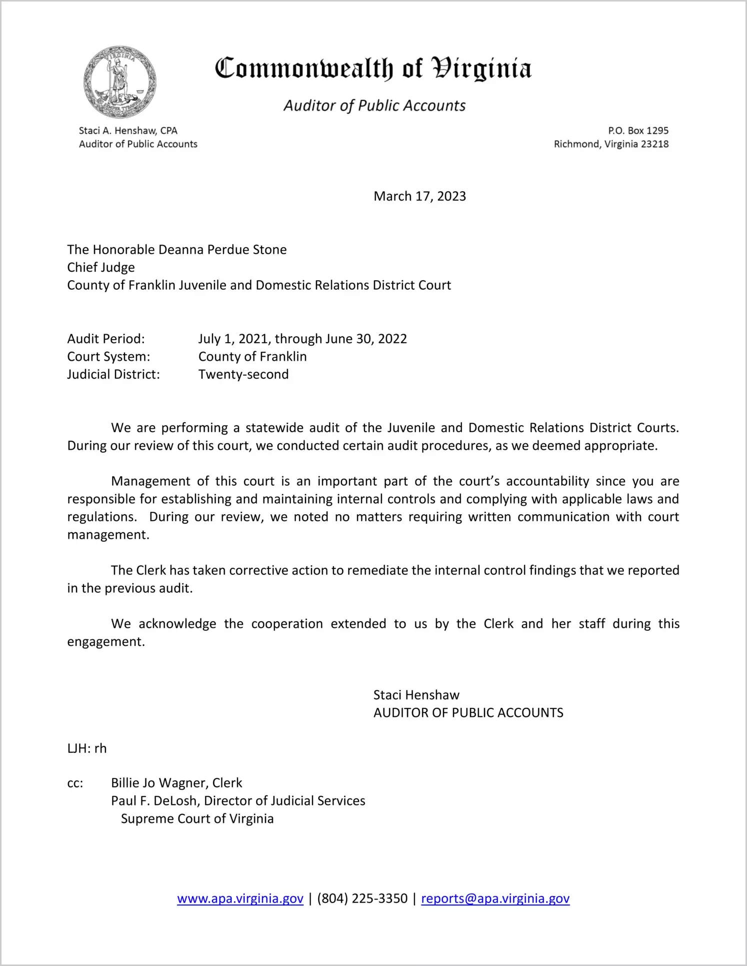 Juvenile and Domestic Relations Court for the County of Franklin for the period July 1, 2021 through June 30, 2022