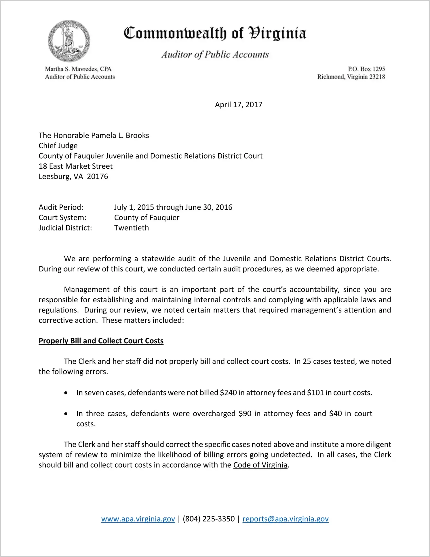 Juvenile and Domestic Relations Court for the County of Fauquier for the period July 1, 2015 through June 30, 2016
