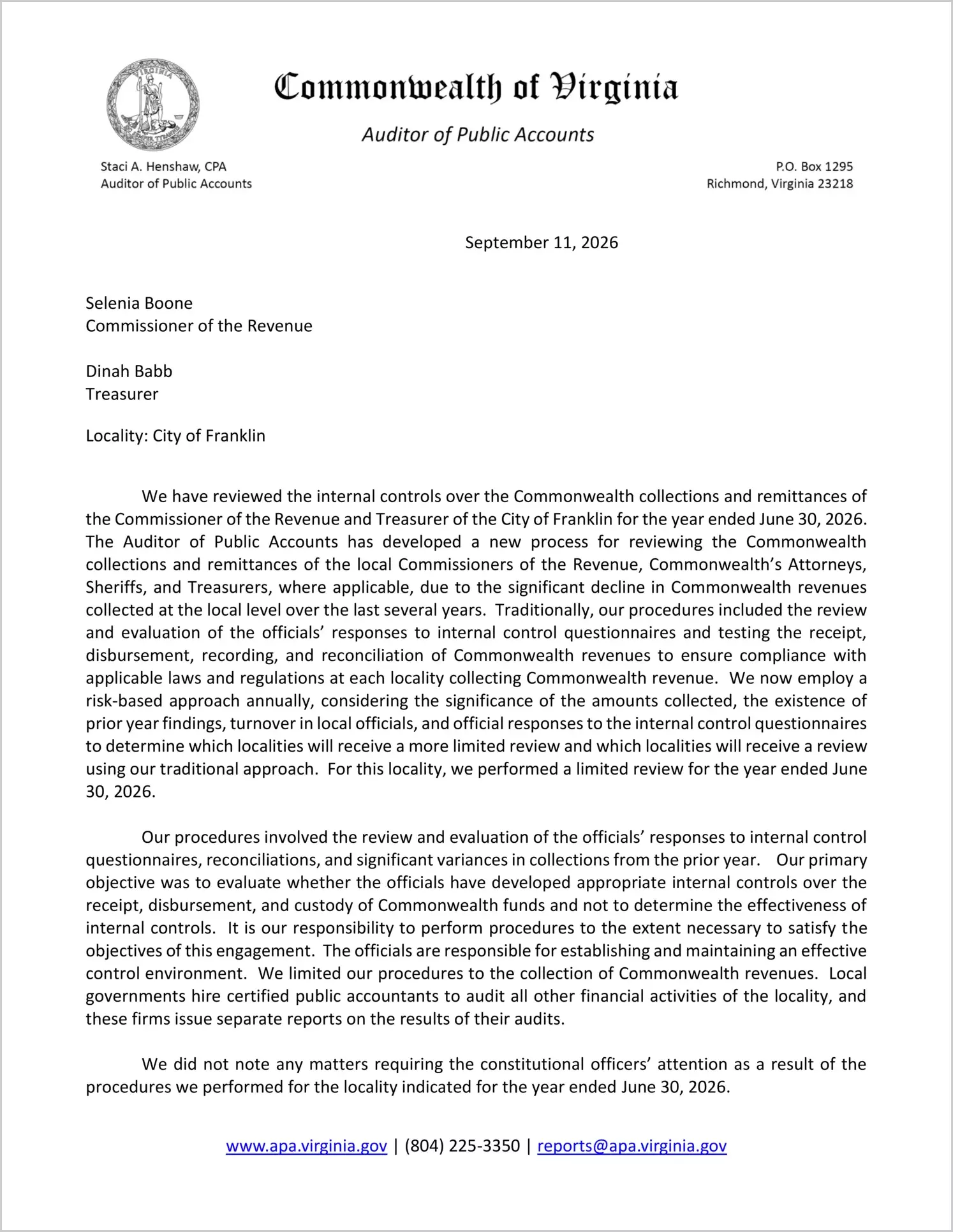 preview of Commonwealth Collections and Remittances of the Commissioner of the Revenue and Treasurer for the City of Franklin for the year ended June 30, 2026