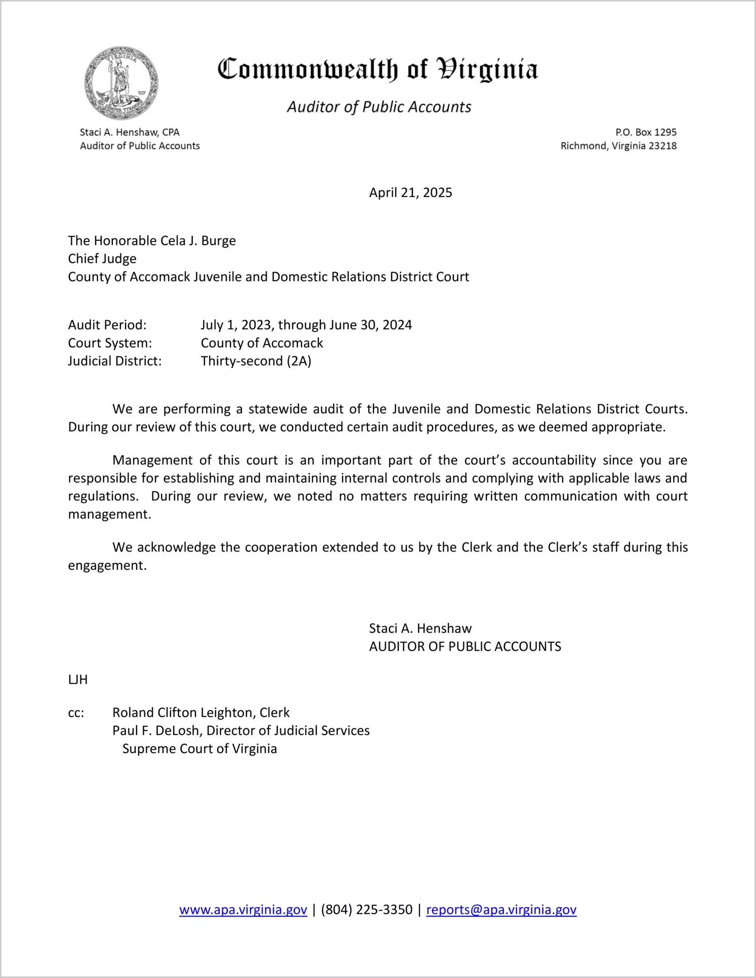 Juvenile and Domestic Relations District Court for the County of Accomack for the period July 1, 2023 through June 30, 2024