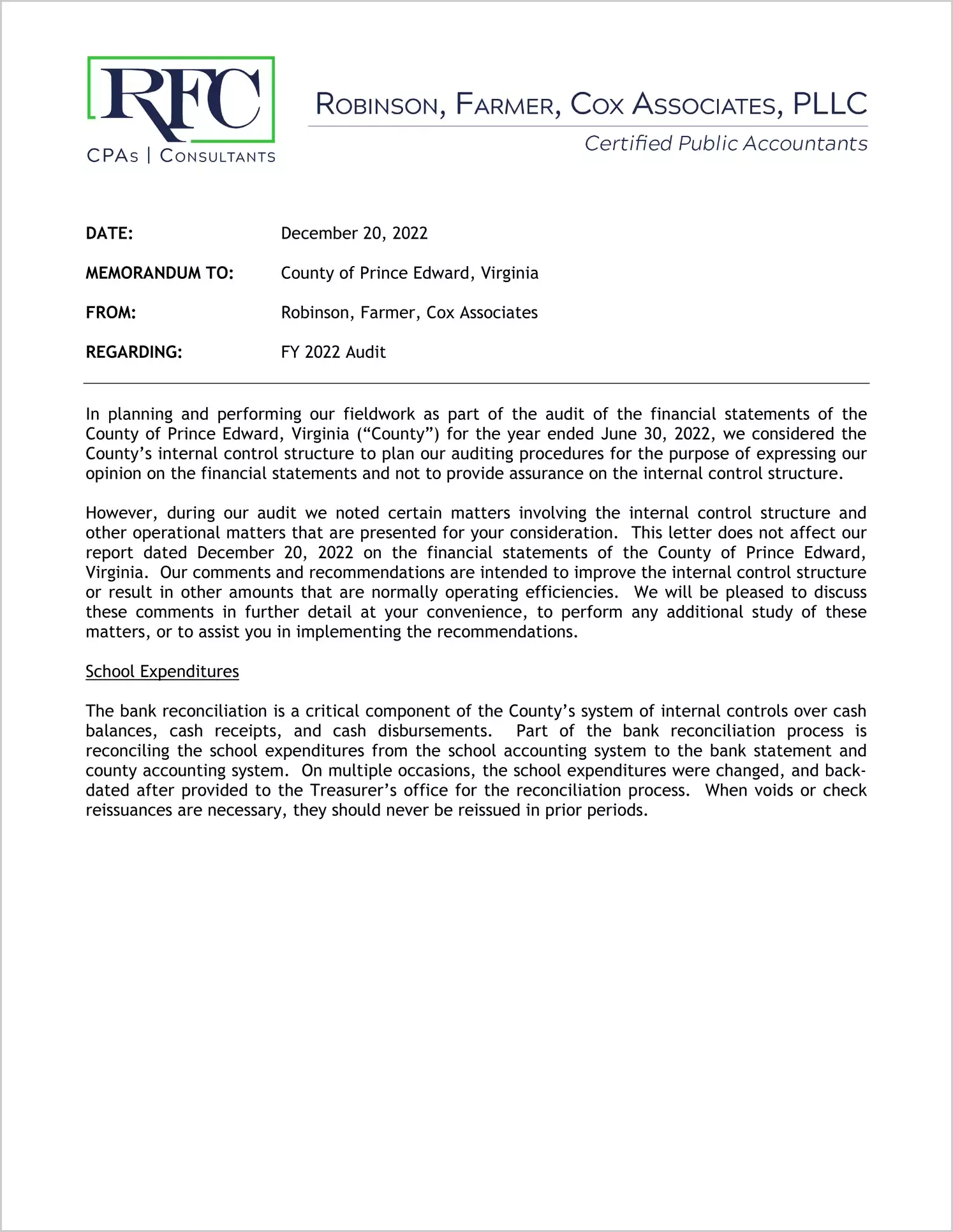preview of 2022 Management Letter for County of Prince Edward