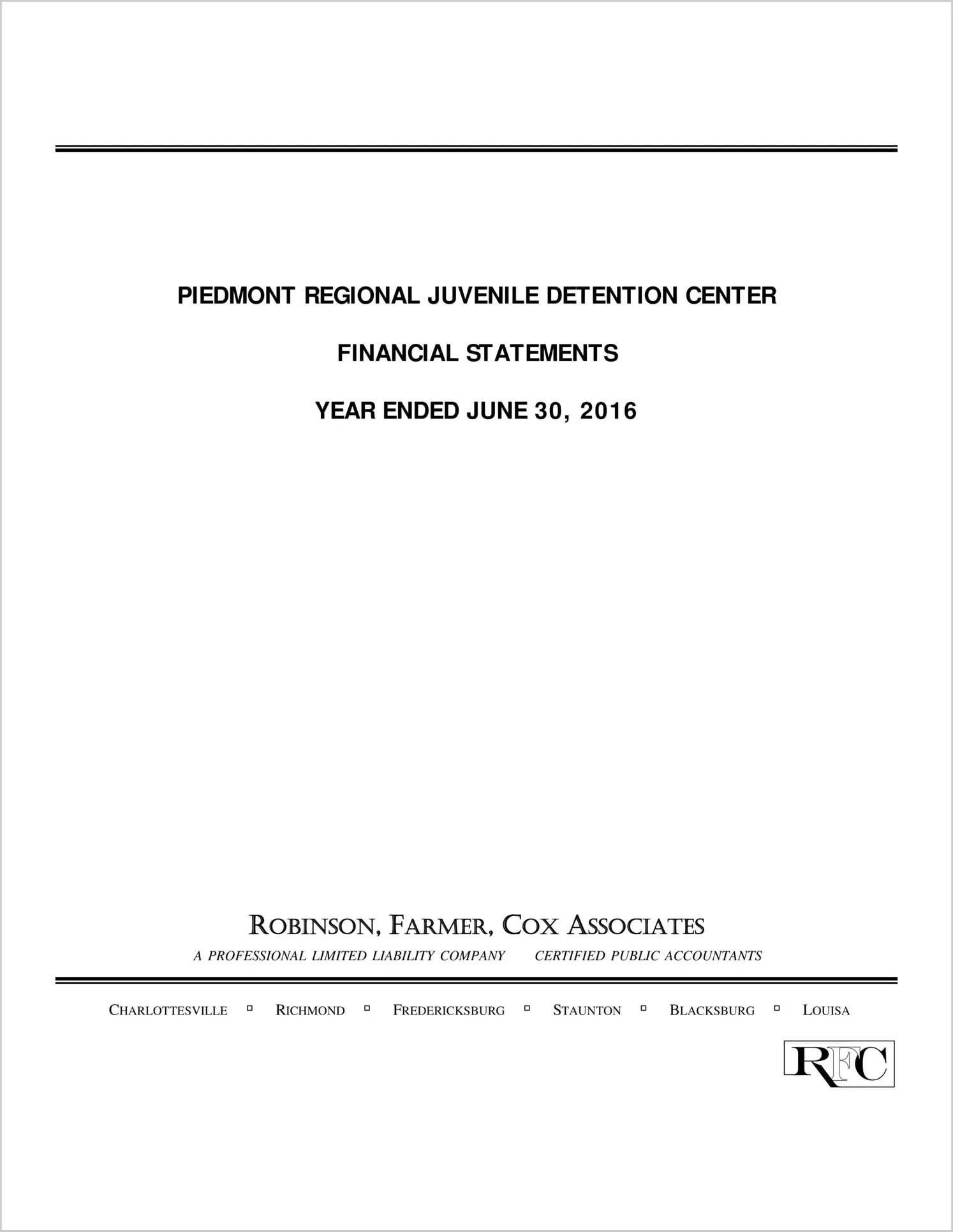 2016 ABC/Other Annual Financial Report  for Piedmont Juvenile Detention Center Commission