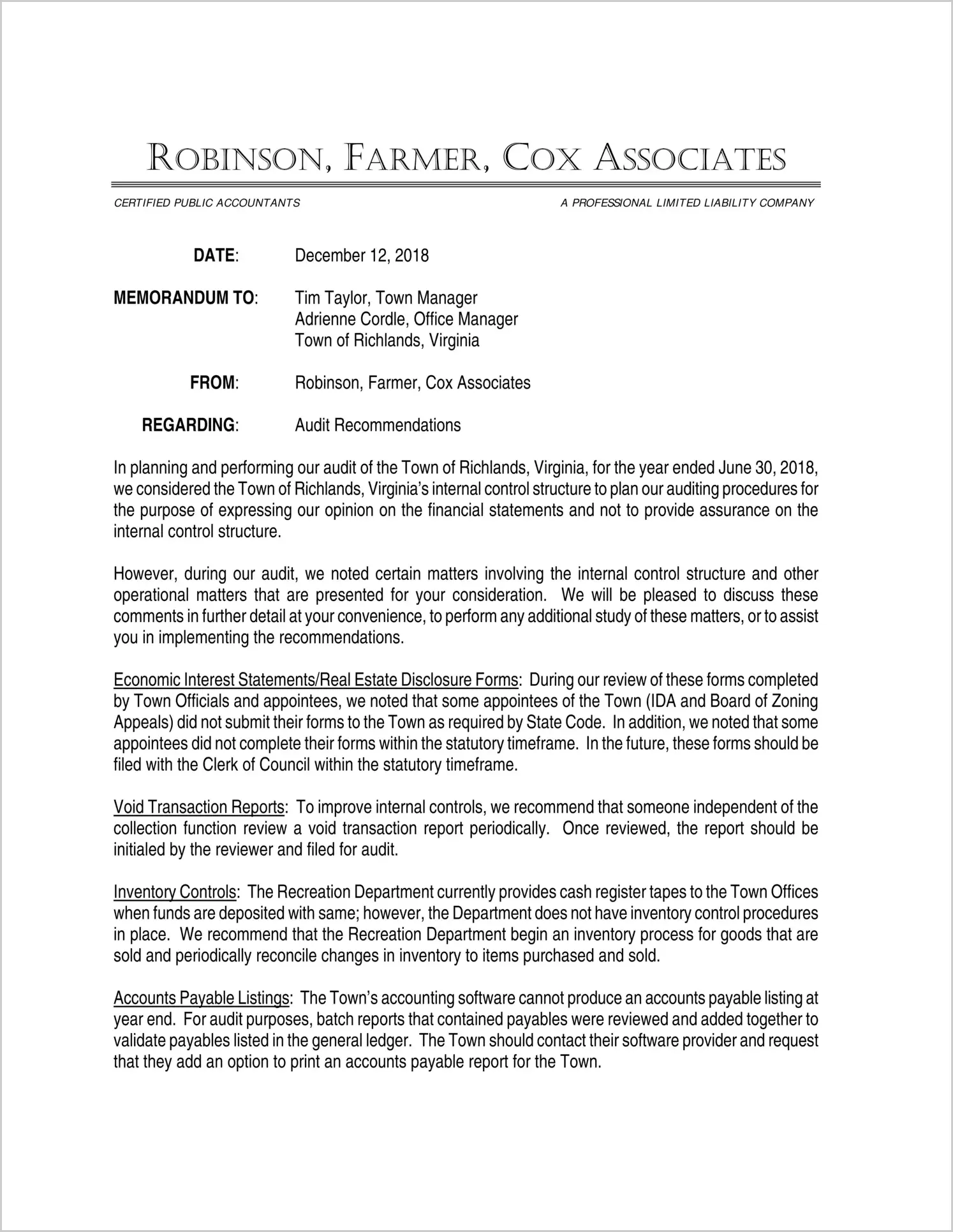 2018 Management Letter for Town of Richlands