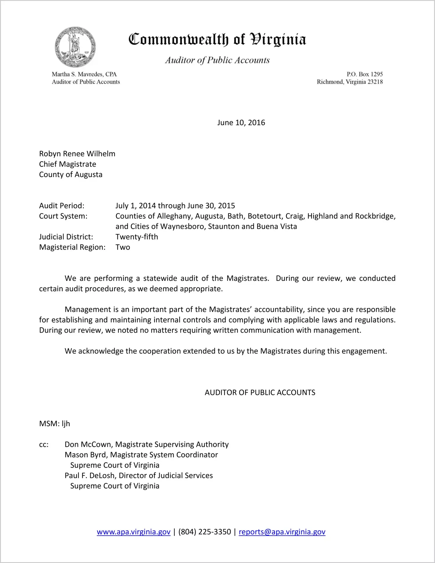 Magistrate for the County of Craig Report on Audit for the period July 1, 2014 through June 30, 2015