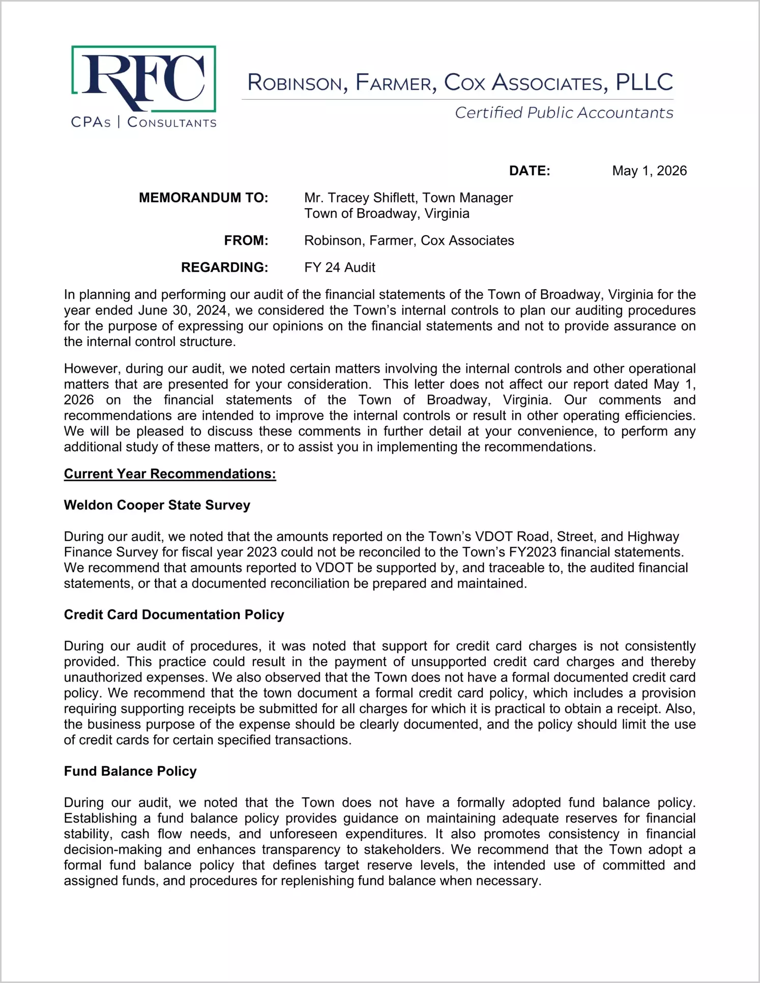preview of 2024 Management Letter for Town of Broadway