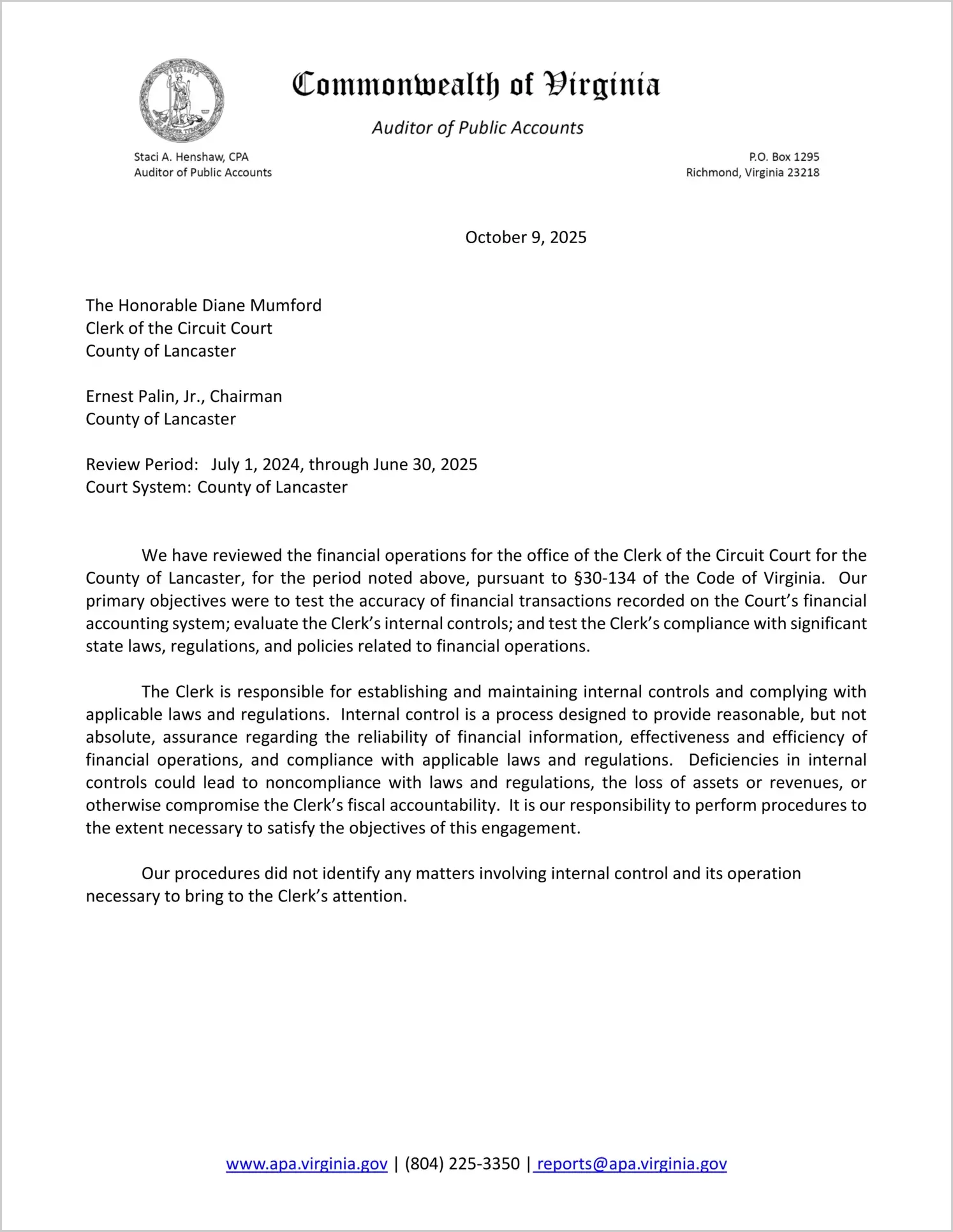 Clerk of the Circuit Court for the County of Lancaster for the period July 1, 2024 through June 30, 2025