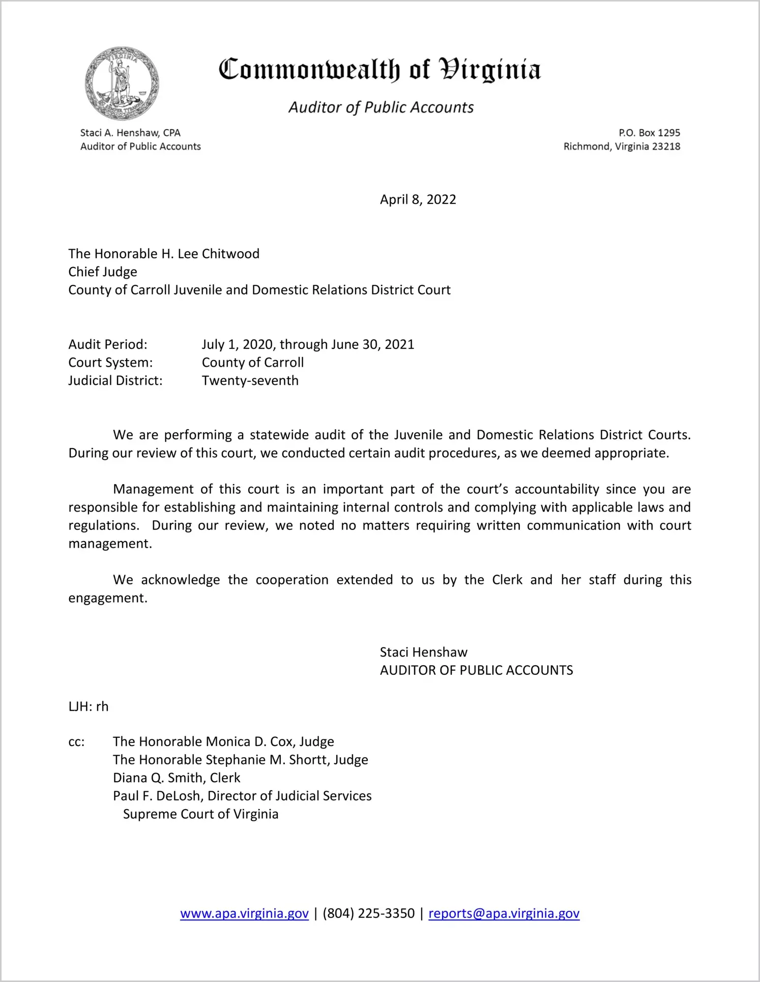 Juvenile and Domestic Relations Court for the County of Carroll for the period July 1, 2020 through June 30, 2021