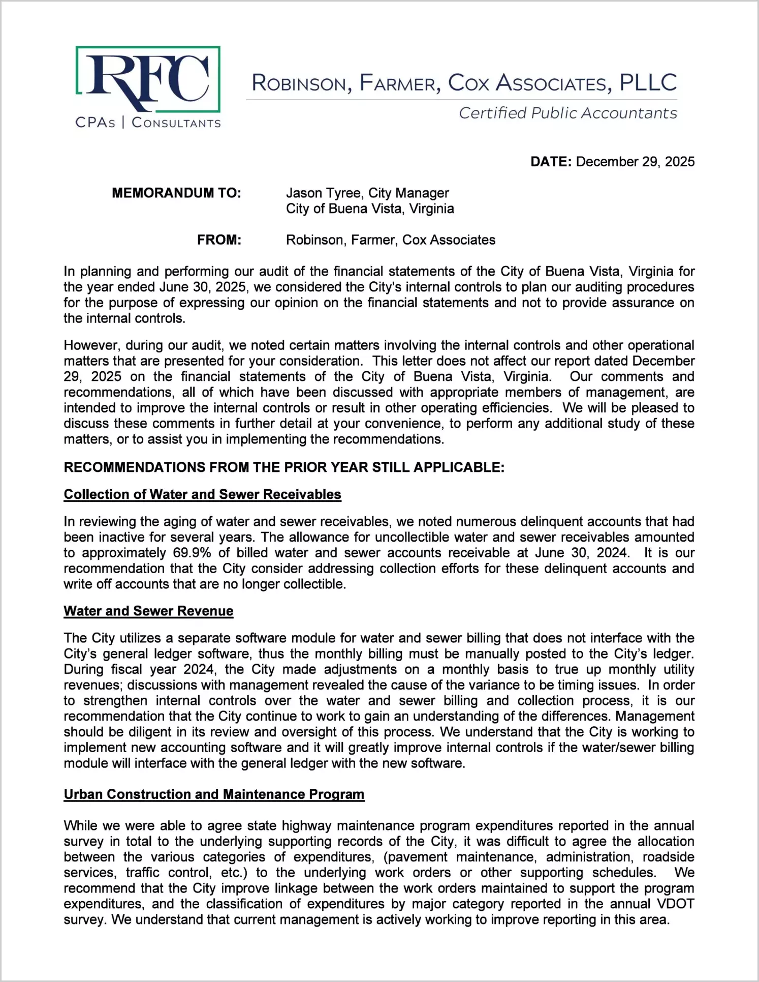 preview of 2025 Management Letter for City of Buena Vista