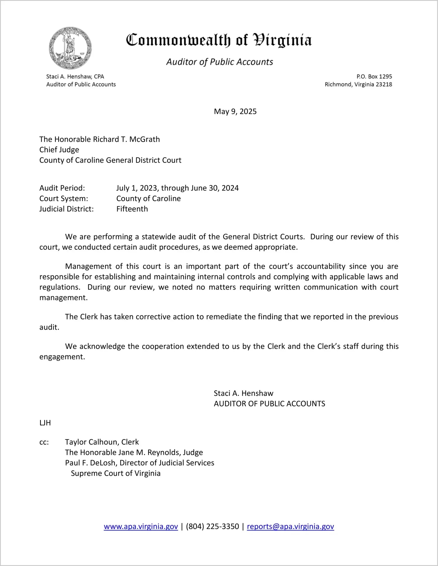 General District Court for the County of Caroline for the period July 1, 2023 through June 30, 2024