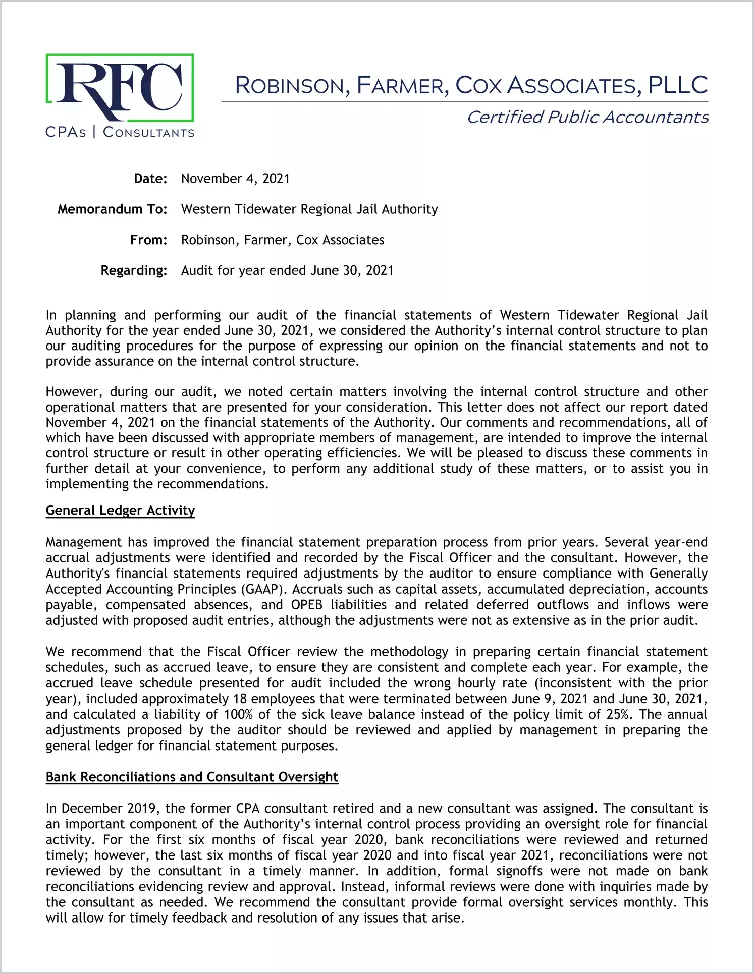 preview of 2021 ABC/Other Management Letter for Western Tidewater Regional Jail Authority