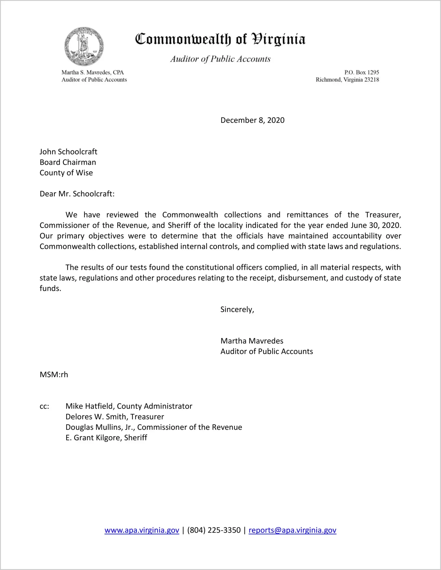 Commonwealth Collections and Remittances of the Treasurer, Commissioner of Revenue, and Sheriff for the County of Wise for the year ended June 30, 2020