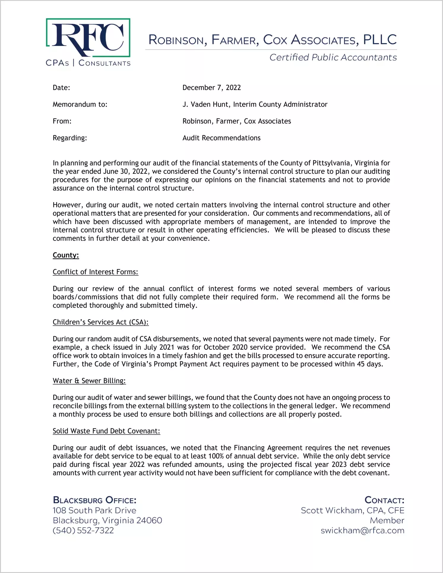 preview of 2022 Management Letter for County of Pittsylvania