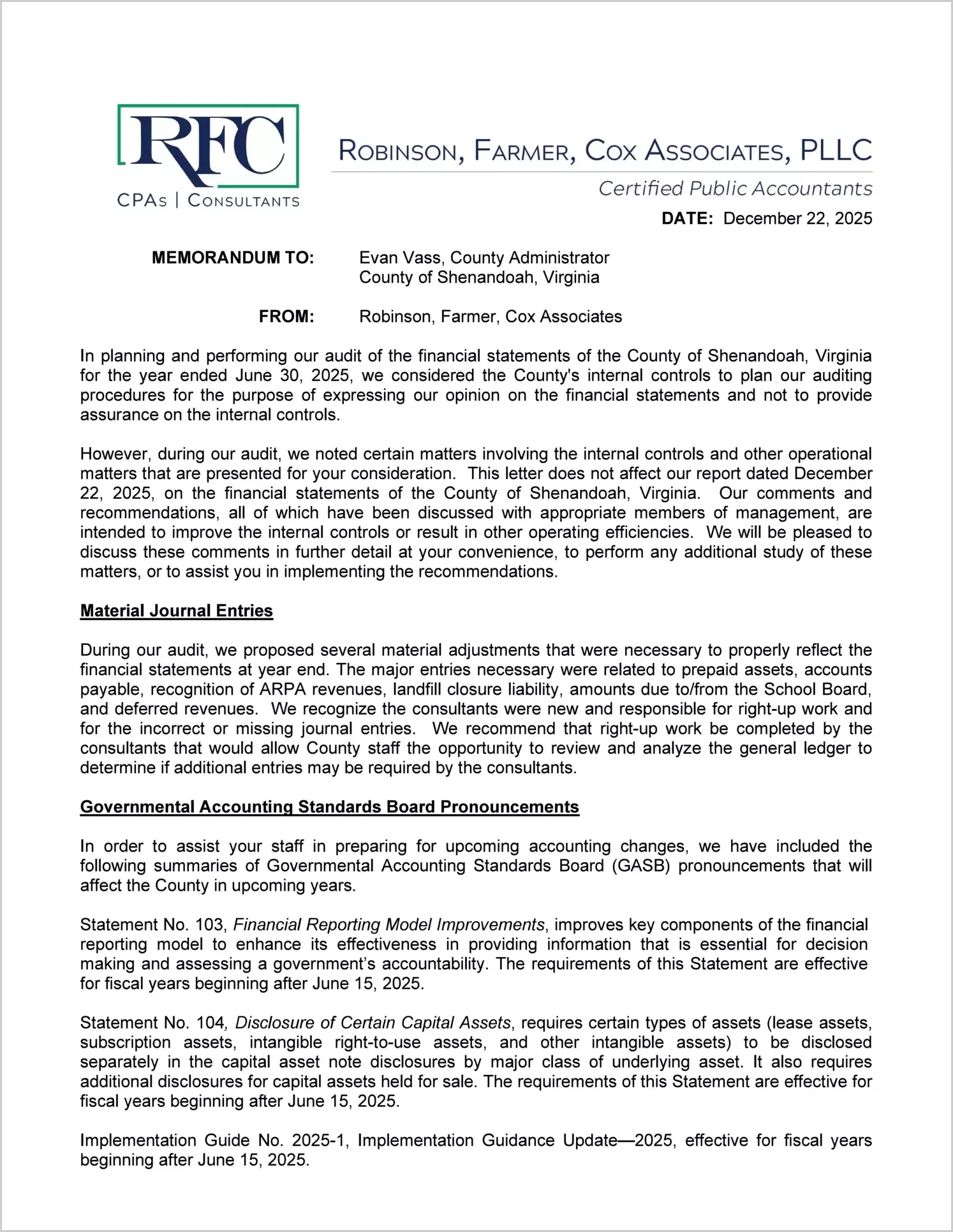 preview of 2025 Management Letter for County of Shenandoah