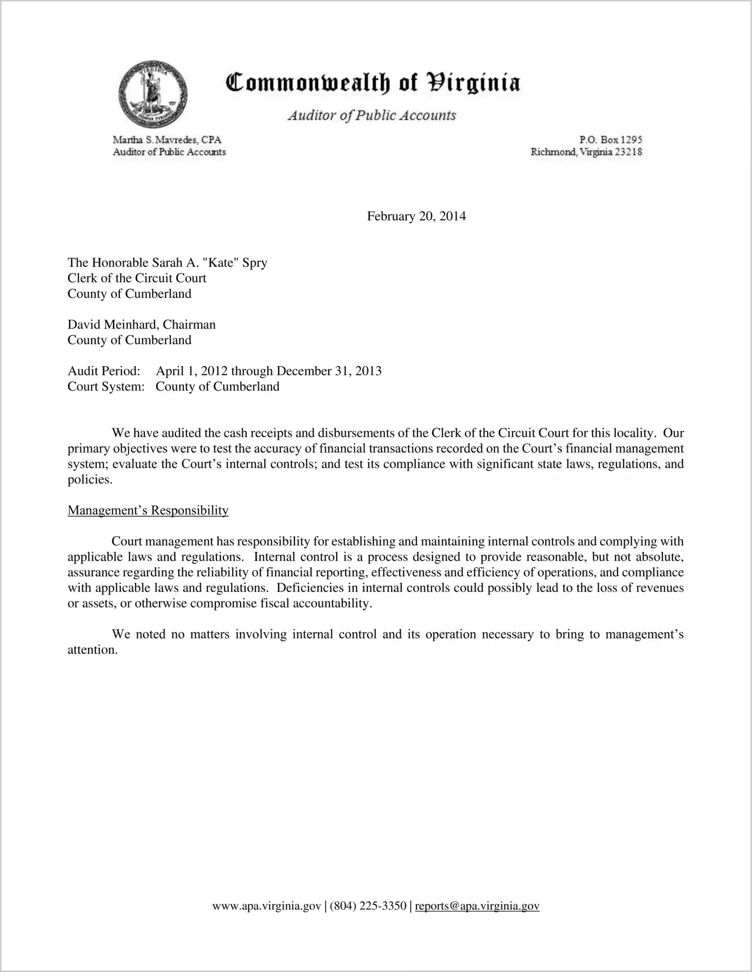 Clerk of the Circuit Court for the County of Cumberland Report on Audit for the period April 1, 2012 through December 31, 2013