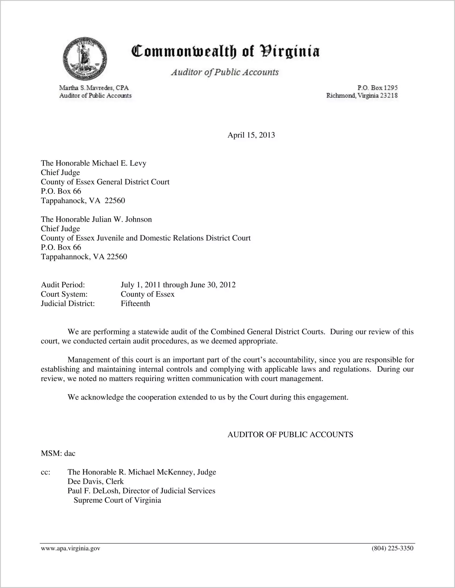 Clerk of the Combined General District Court for the County of Essex Report on Audit for the period July 1, 2011 through June 30, 2012