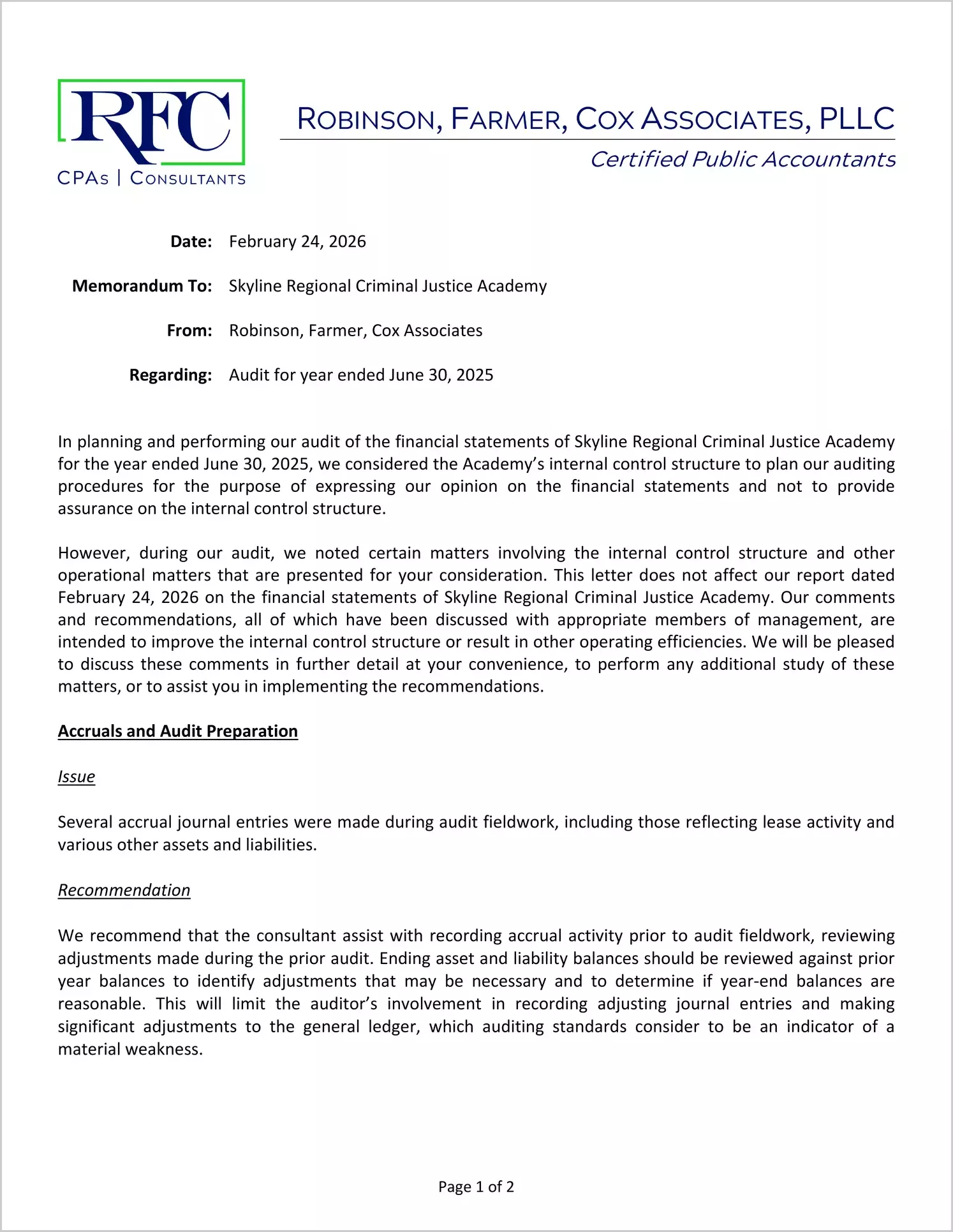 preview of 2025 ABC/Other Management Letter for Skyline Regional Criminal Justice Academy