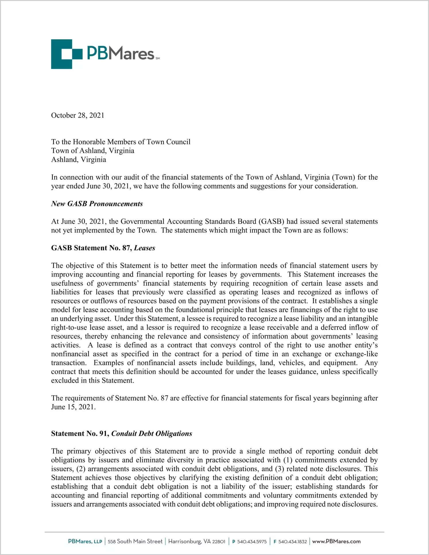 preview of 2021 Management Letter for Town of Ashland