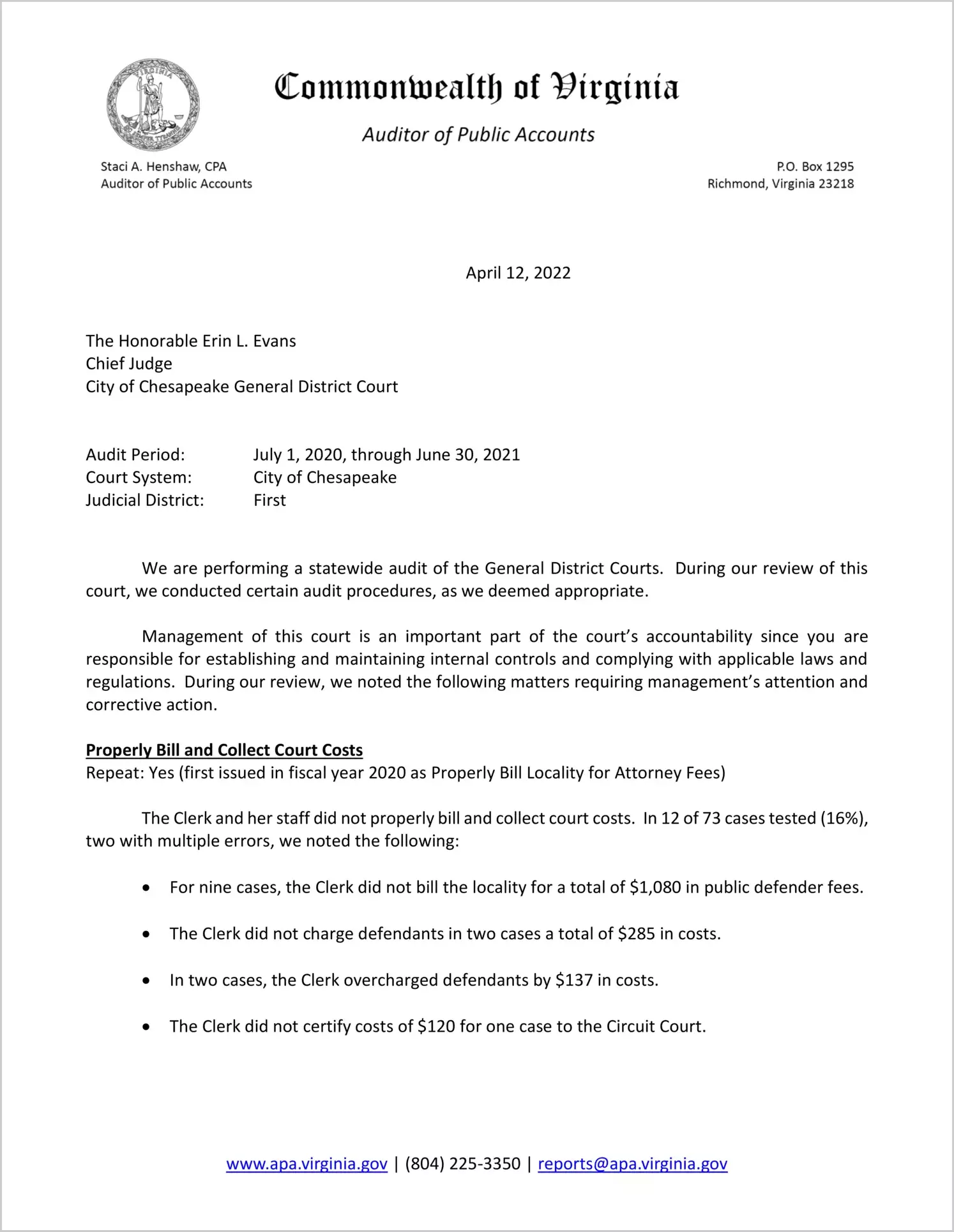 General District Court for the City of Chesapeake for the period July 1, 2020 through June 30, 2021