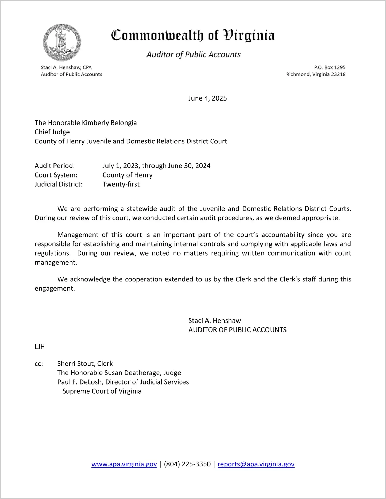 Juvenile and Domestic Relations District Court for the County of Henry for the period July 1, 2023 through June 30, 2024