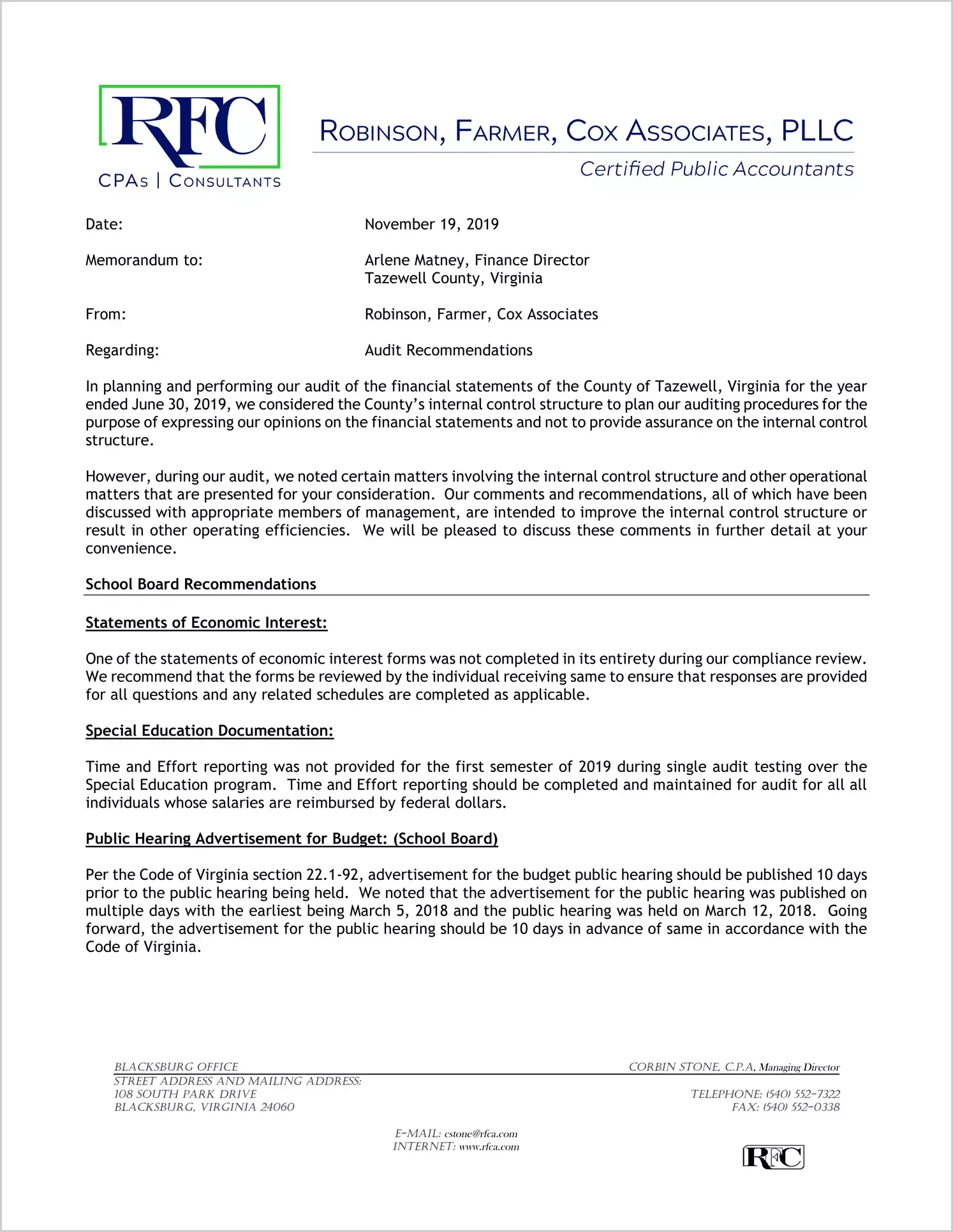 2019 Management Letter for County of Tazewell 