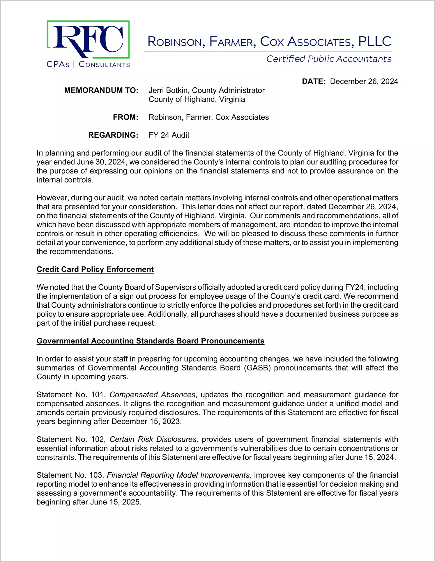 preview of 2024 Management Letter for County of Highland