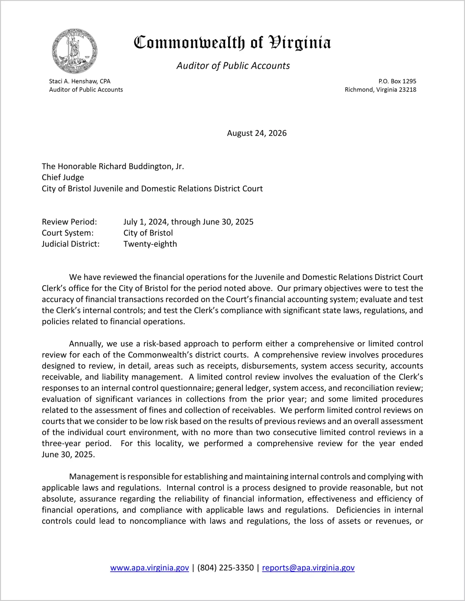 preview of Juvenile and Domestic Relations District Court for the City of Bristol for the period July 1, 2024 through June 30, 2025