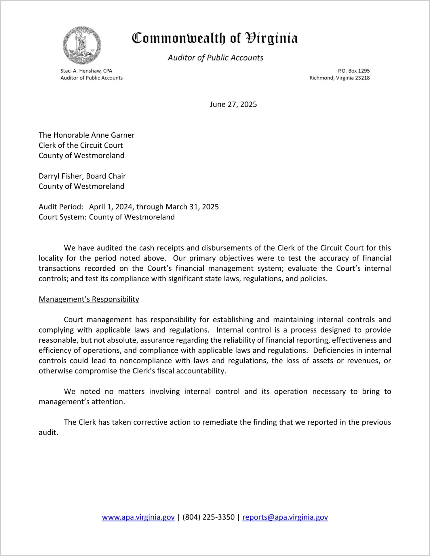 Clerk of the Circuit Court for the County of Westmoreland for the period April 1, 2024 through March 31, 2025