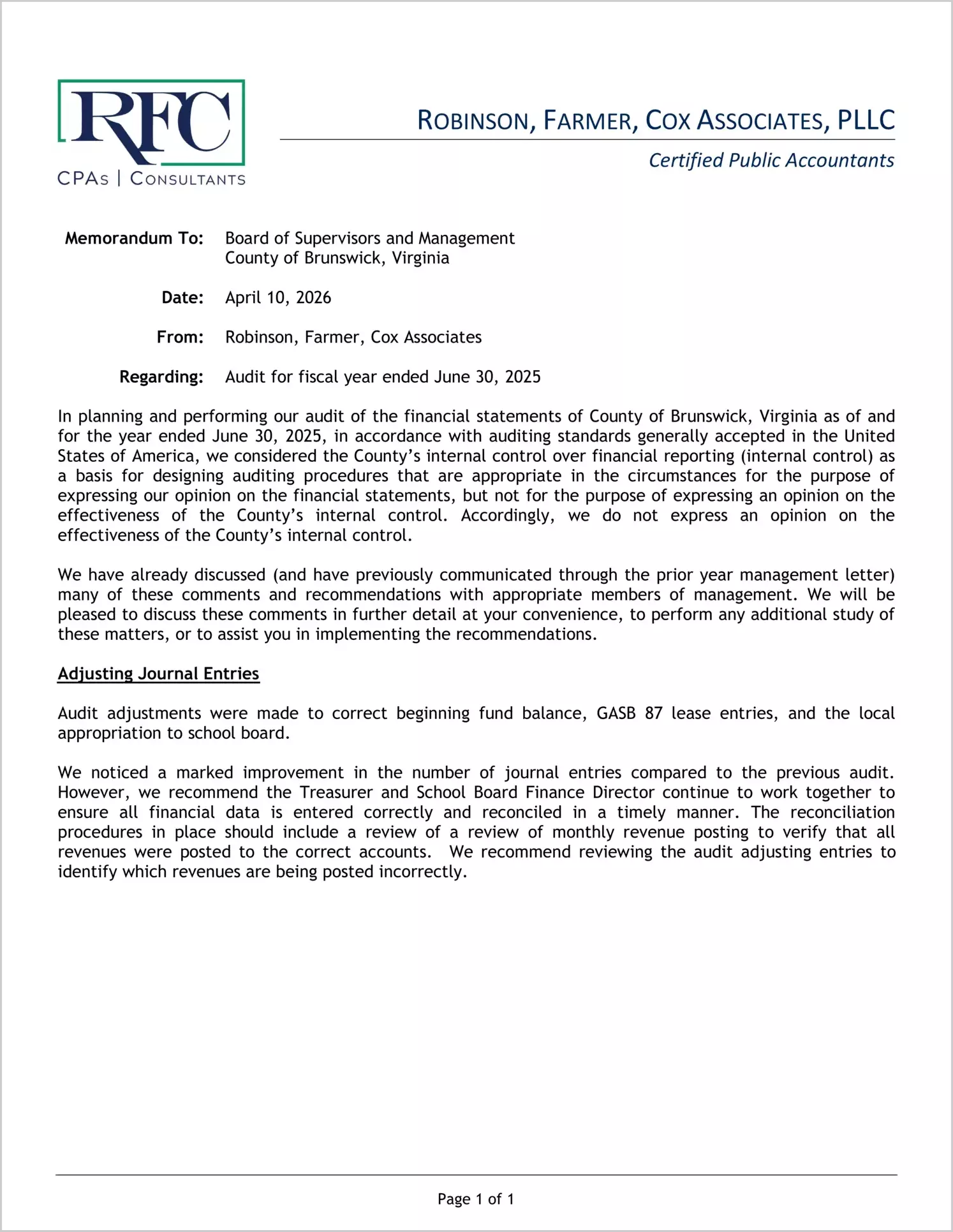 preview of 2025 Management Letter for County of Brunswick
