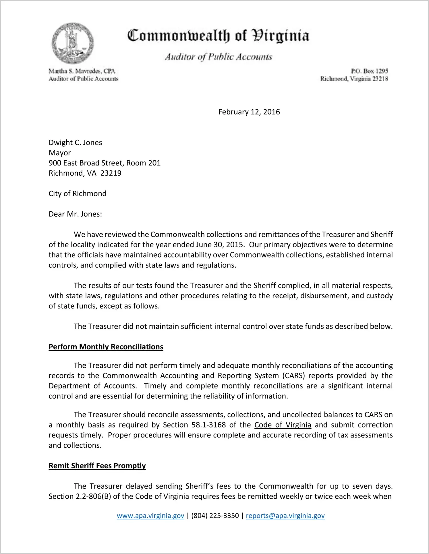 Commonwealth collections and remittances of the Treasurer and Sheriff of the City of Richmond for the year ended June 30, 2015
