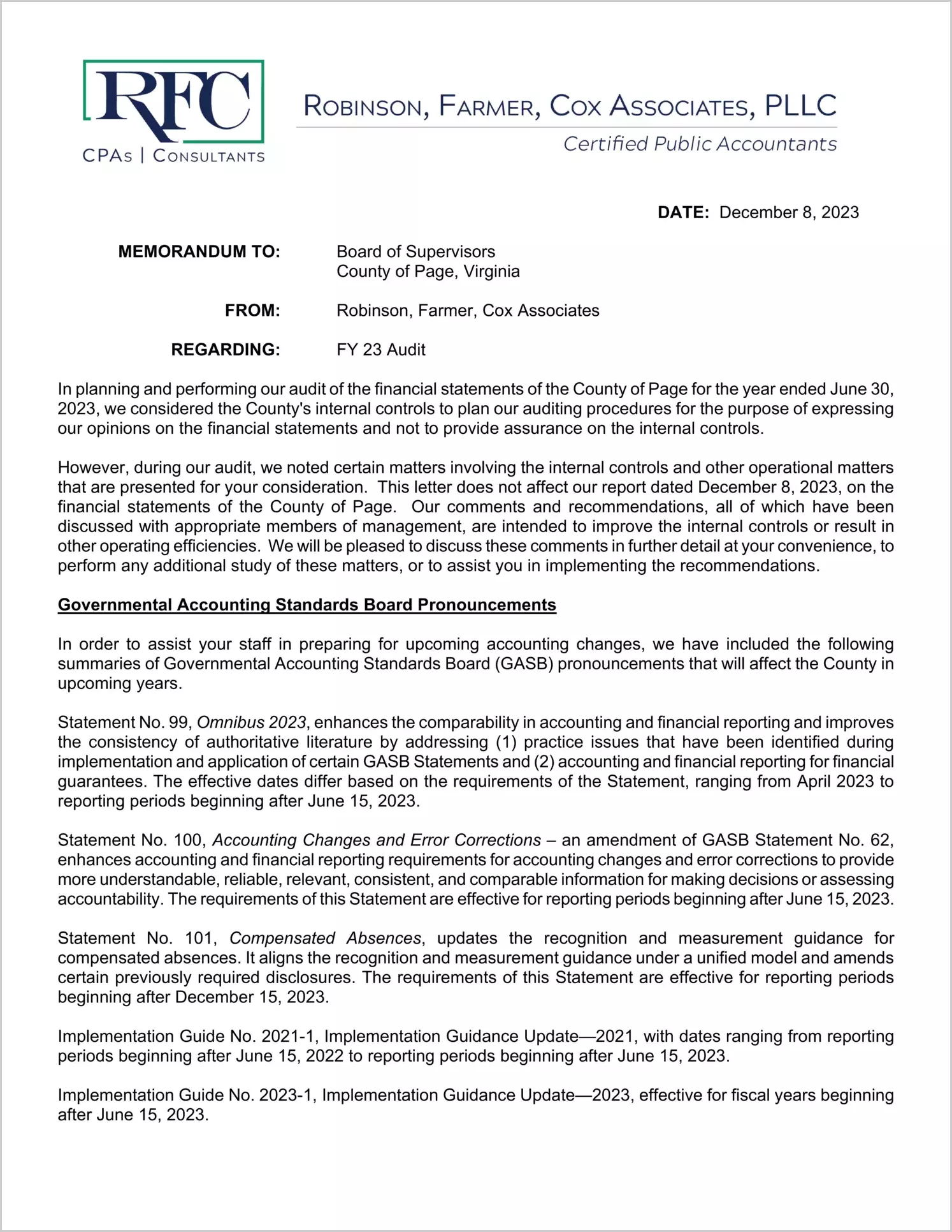 preview of 2023 Management Letter for County of Page