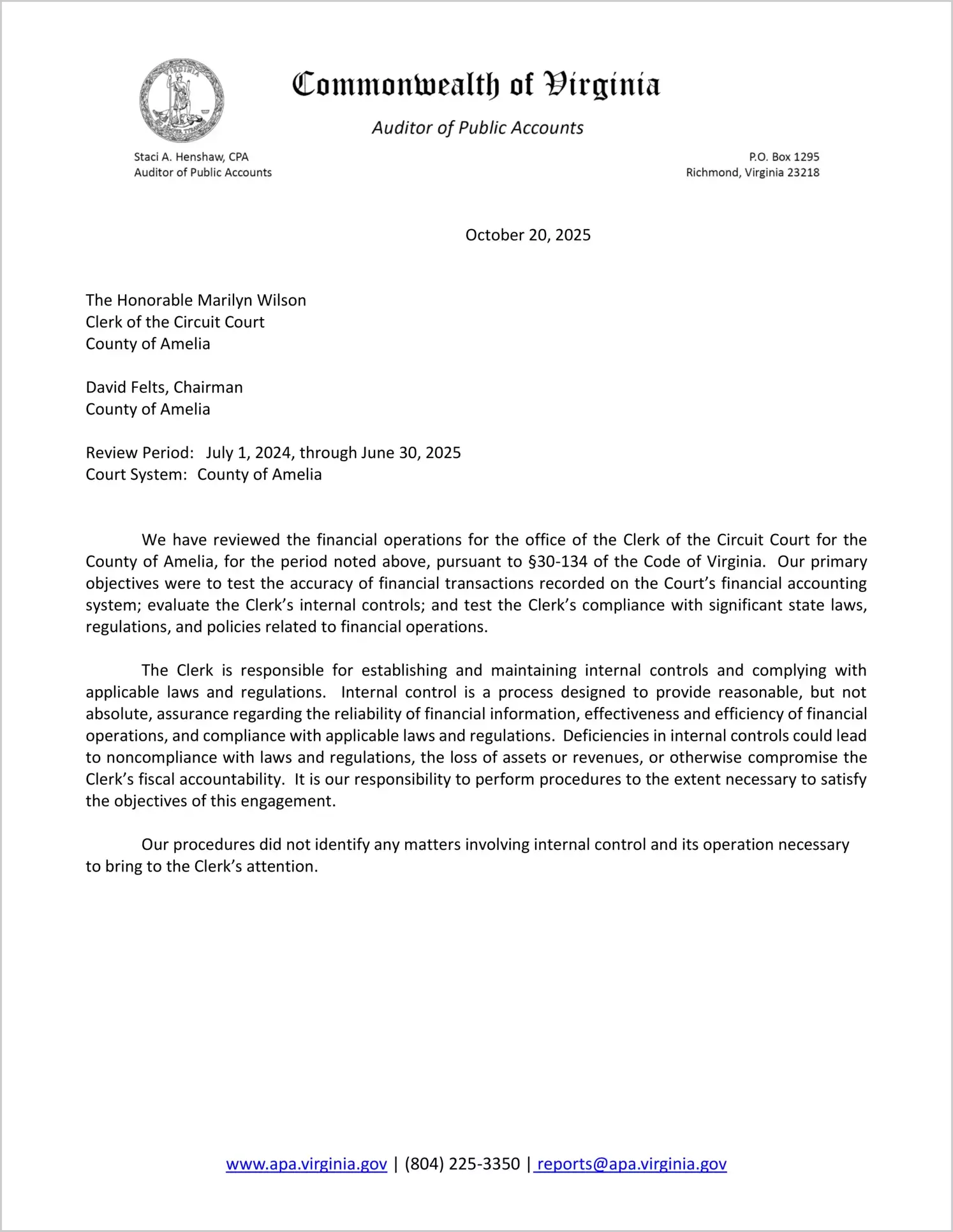 Clerk of the Circuit Court for the County of Amelia for the period July 1, 2024 through June 30, 2025