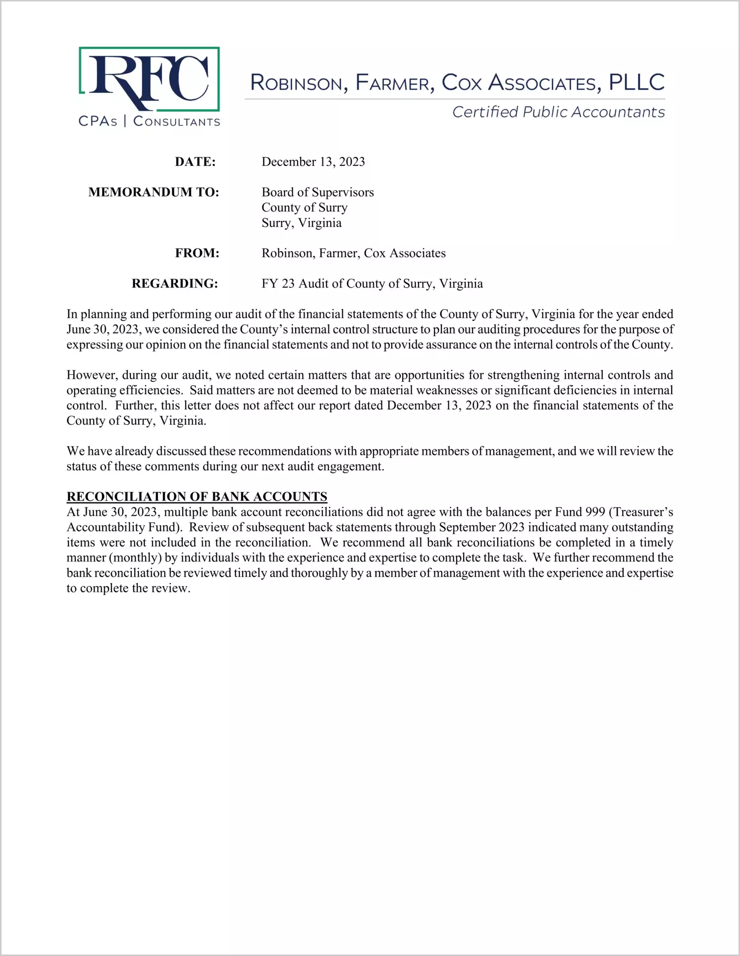preview of 2023 Management Letter for County of Surry