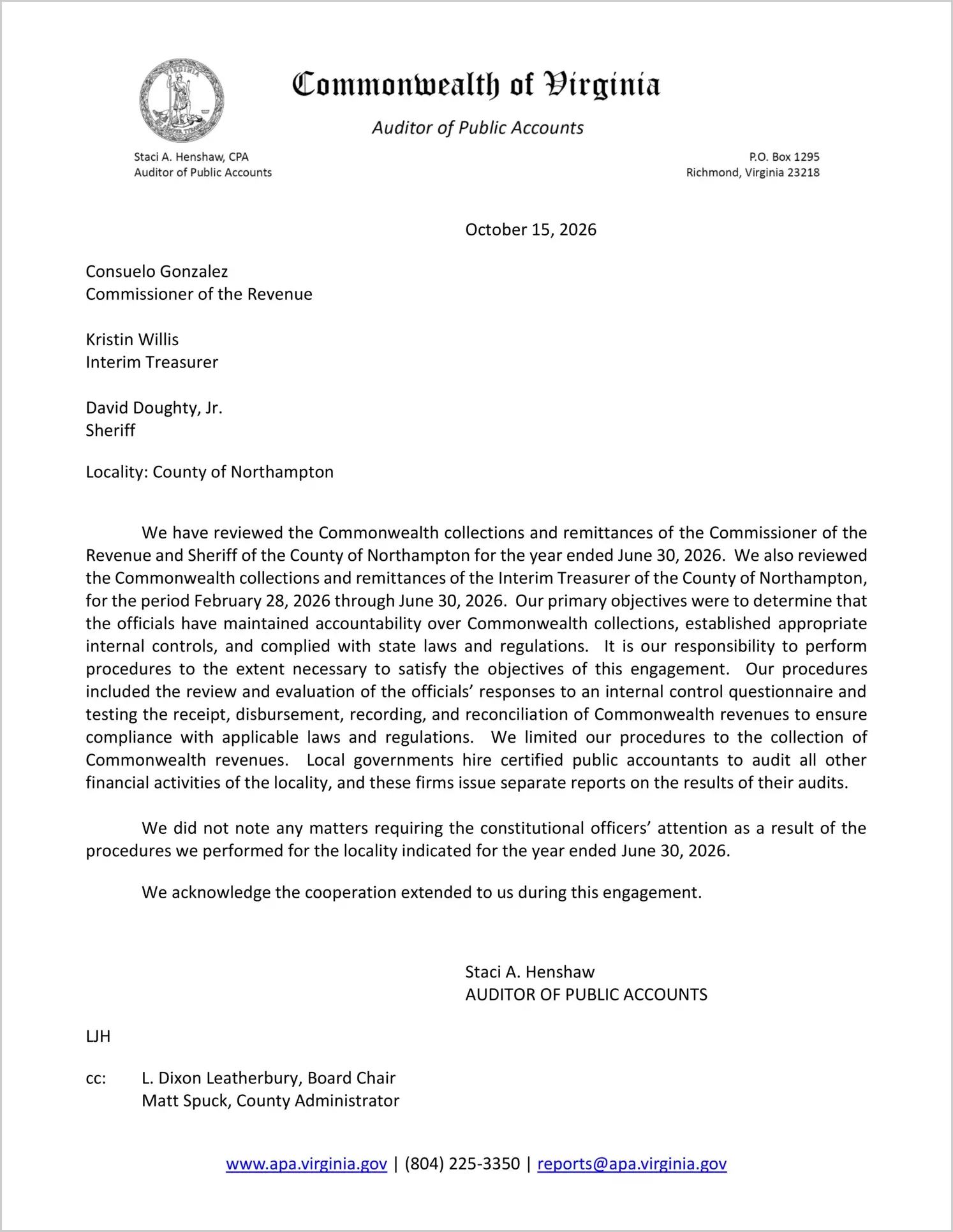 preview of Commonwealth Collections and Remittances of the Commissioner of the Revenue and Sheriff for the County of Northampton for the year ended June 30, 2026, and the Treasurer for the period February 28, 2026 through June 30, 2026