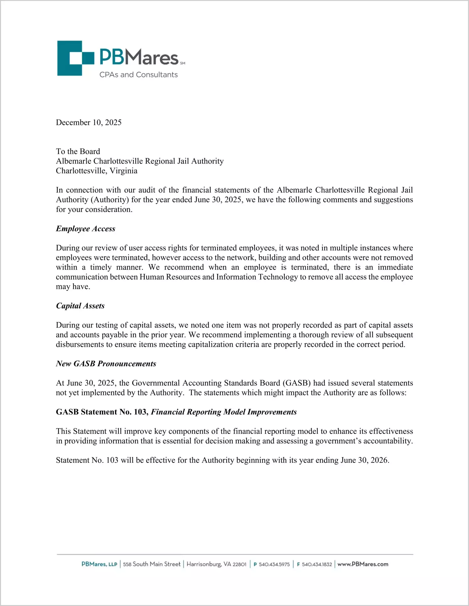 preview of 2025 ABC/Other Management Letter for Albemarle-Charlottesville Regional Jail Authority