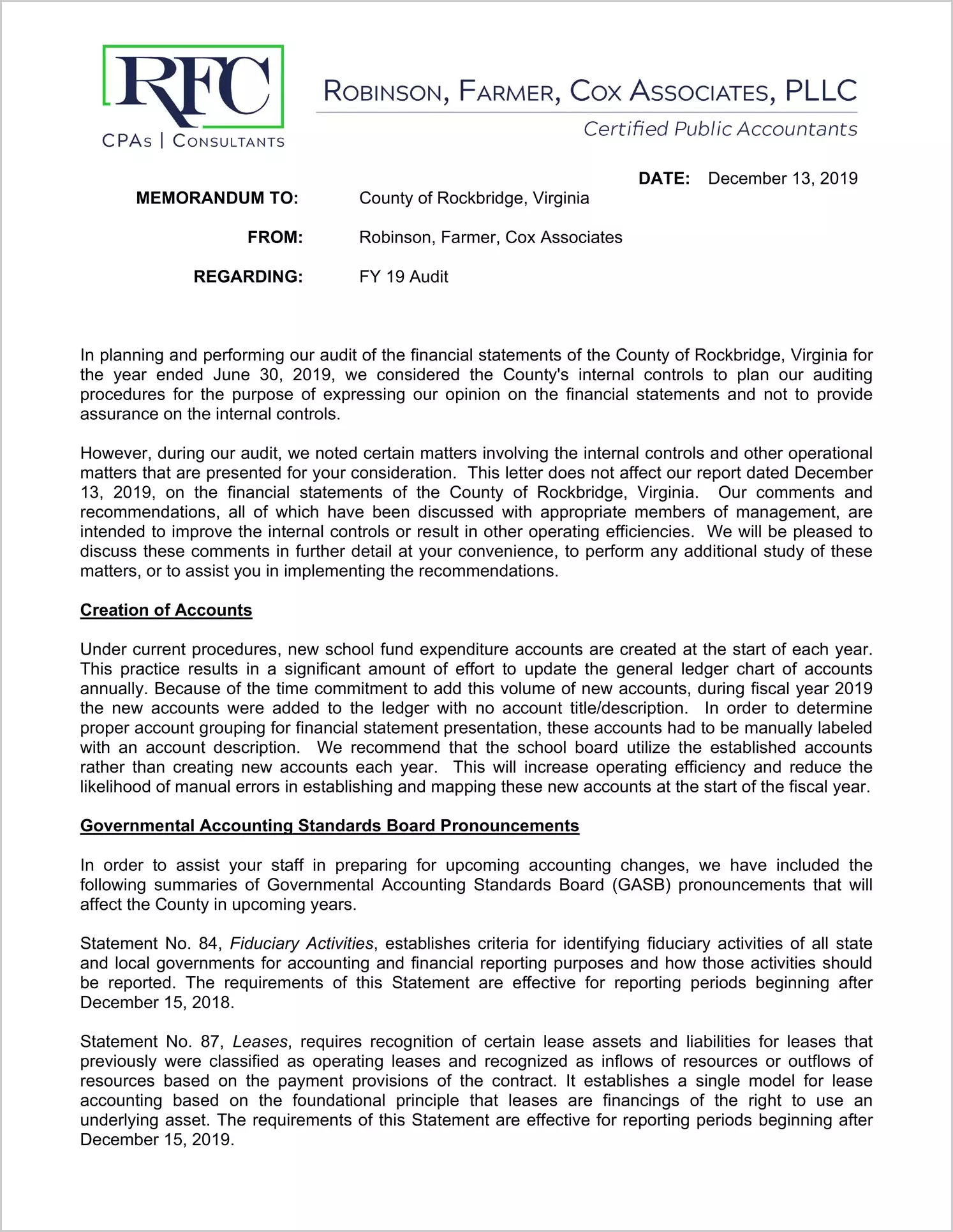 2019 Management Letter for County of Rockbridge 