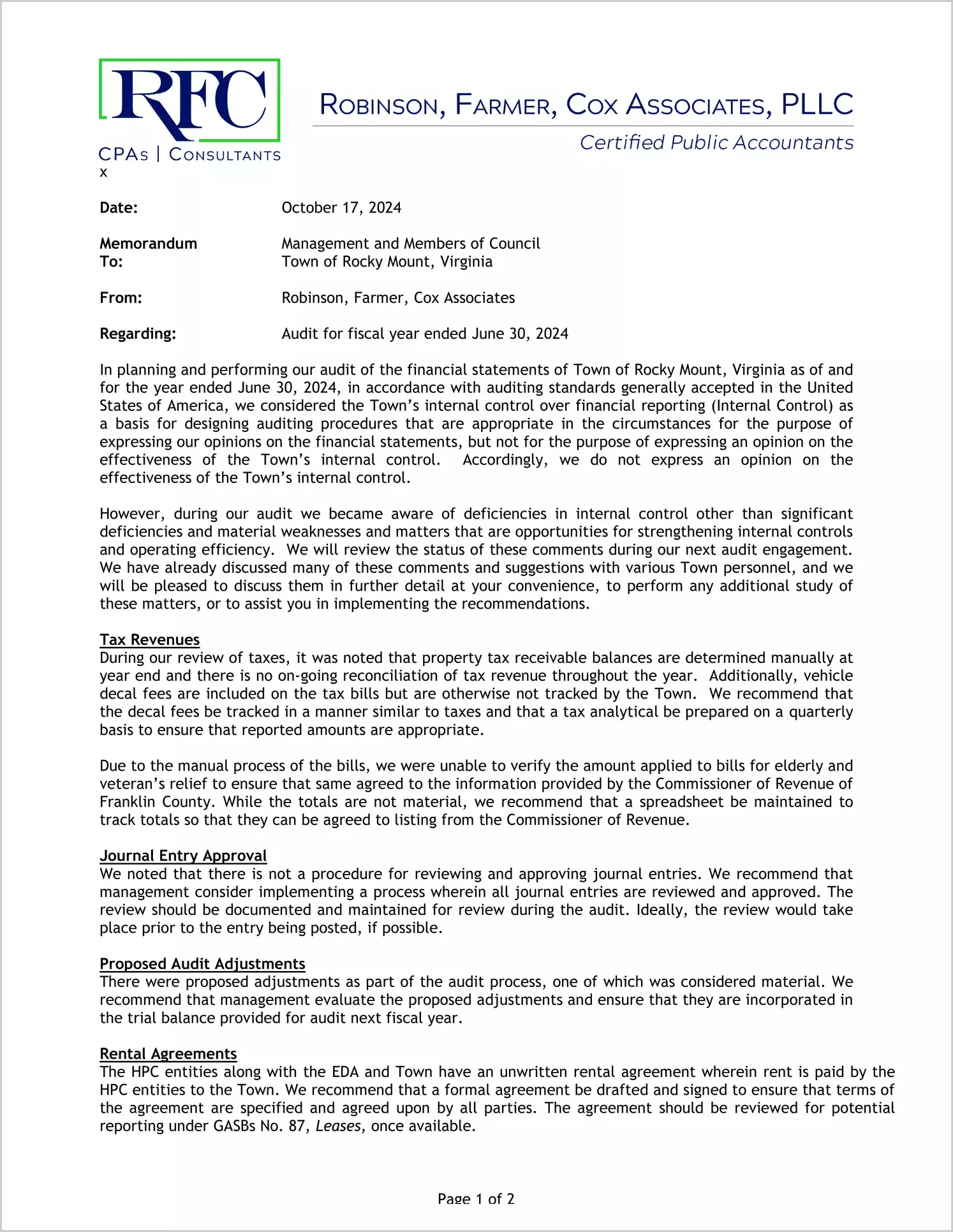 preview of 2024 Management Letter for Town of Rocky Mount
