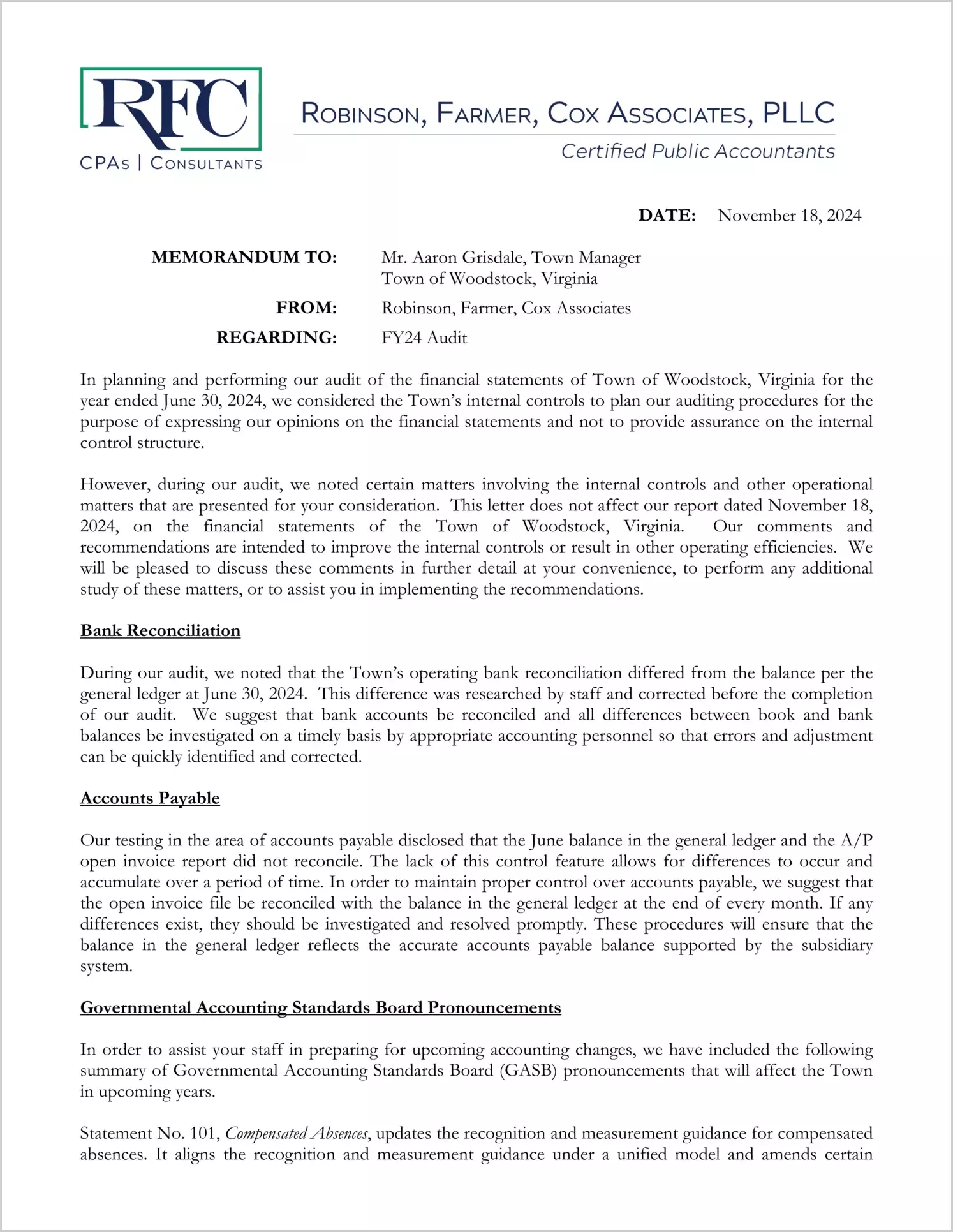 preview of 2024 Management Letter for Town of Woodstock