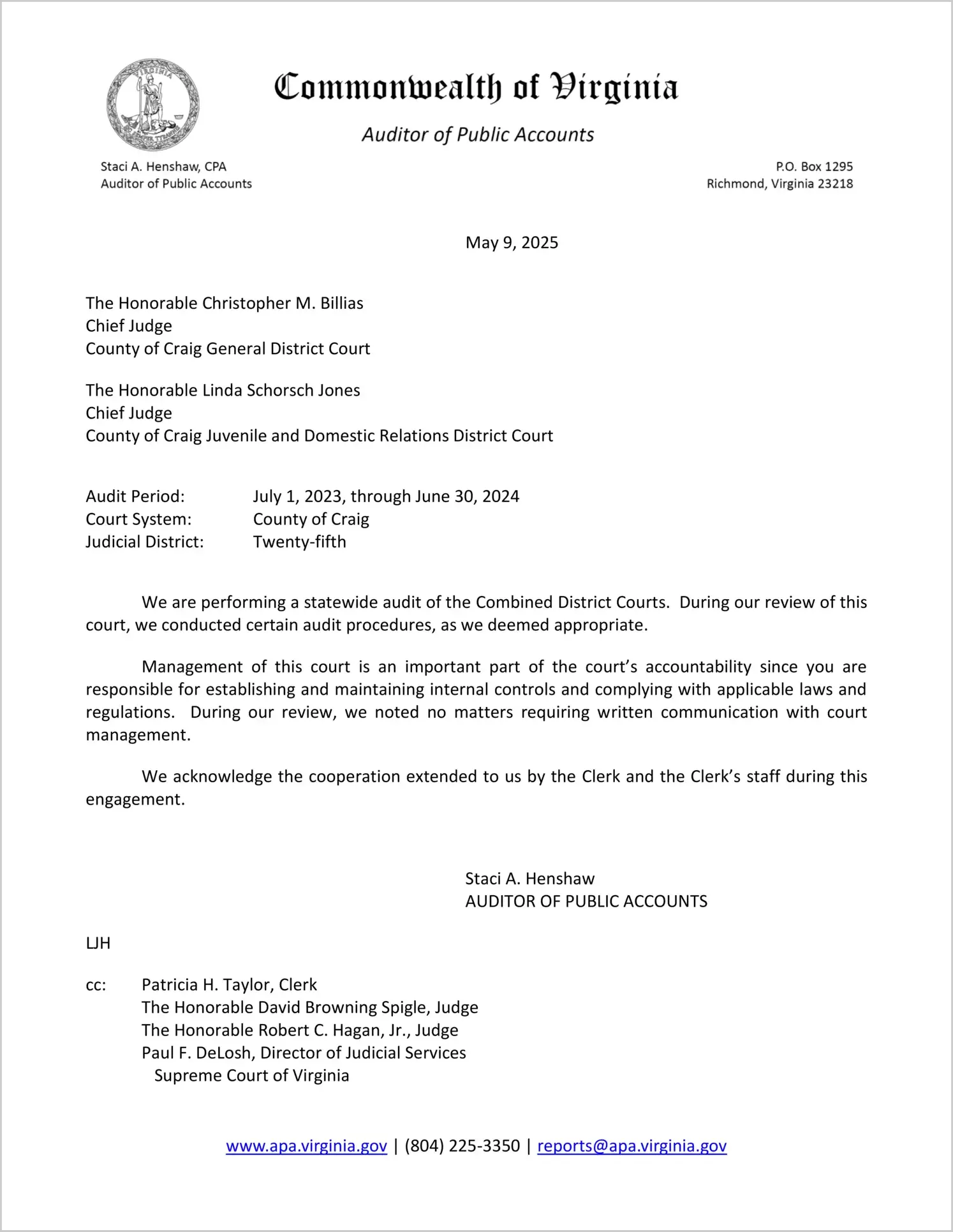 Combined District Court for the County of Craig for the period July 1, 2023 through June 30, 2024