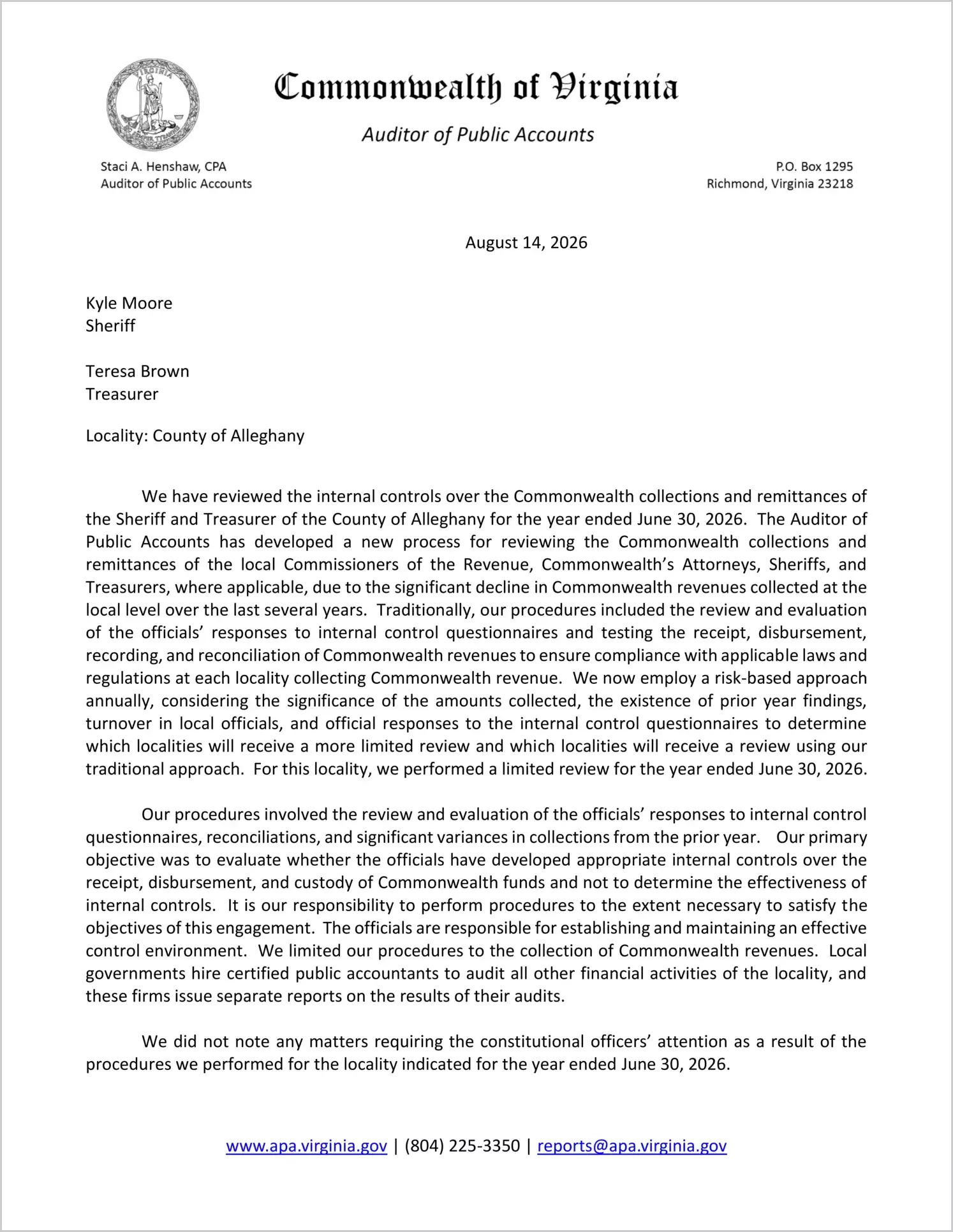 preview of Commonwealth Collections and Remittances of the Sheriff and Treasurer for the County of Alleghany for the year ended June 30, 2026