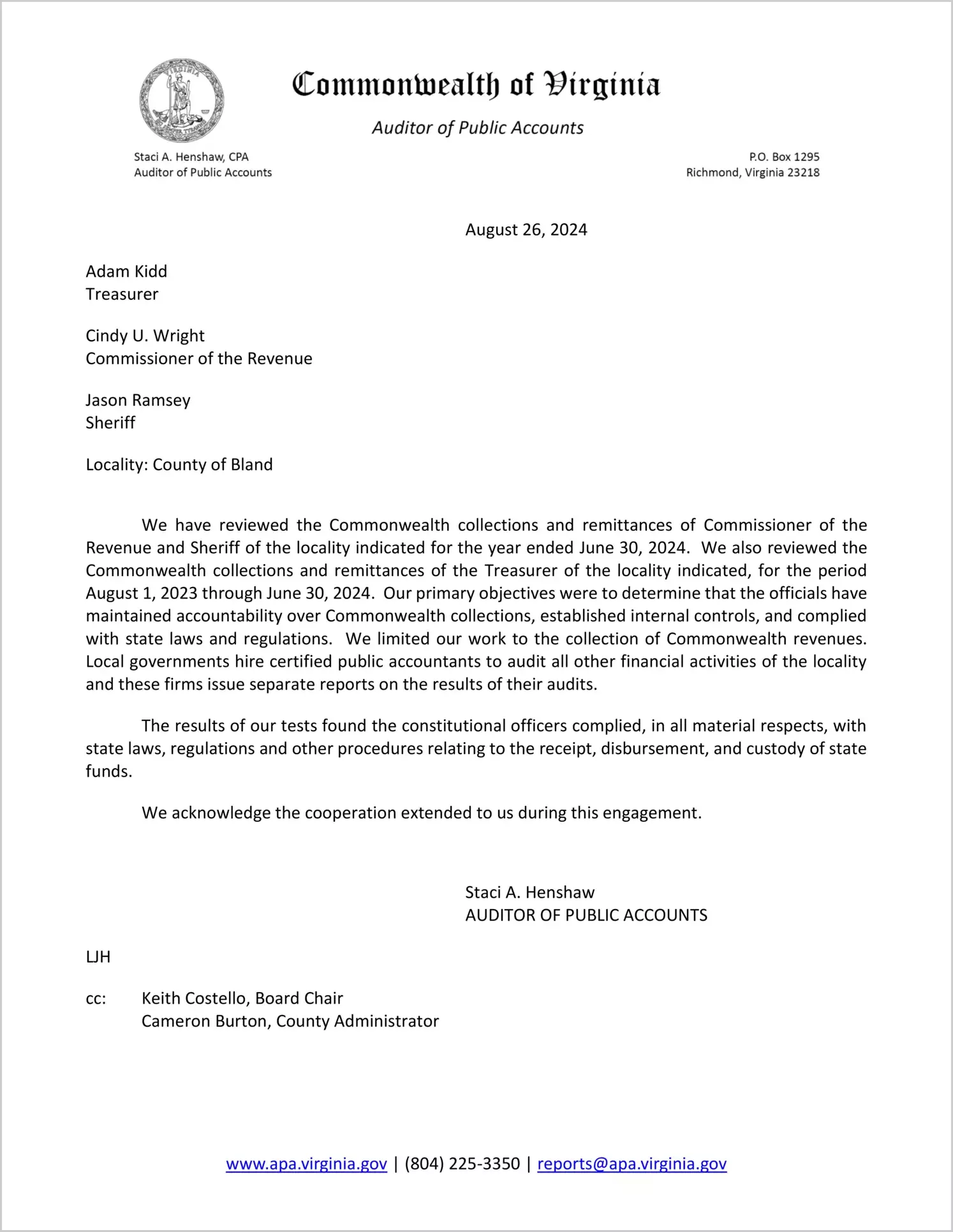 Commonwealth Collections and Remittances for the Treasurer, Commissioner of the Revenue, and Sheriff for the County of Bland for the year ended June 30, 2024