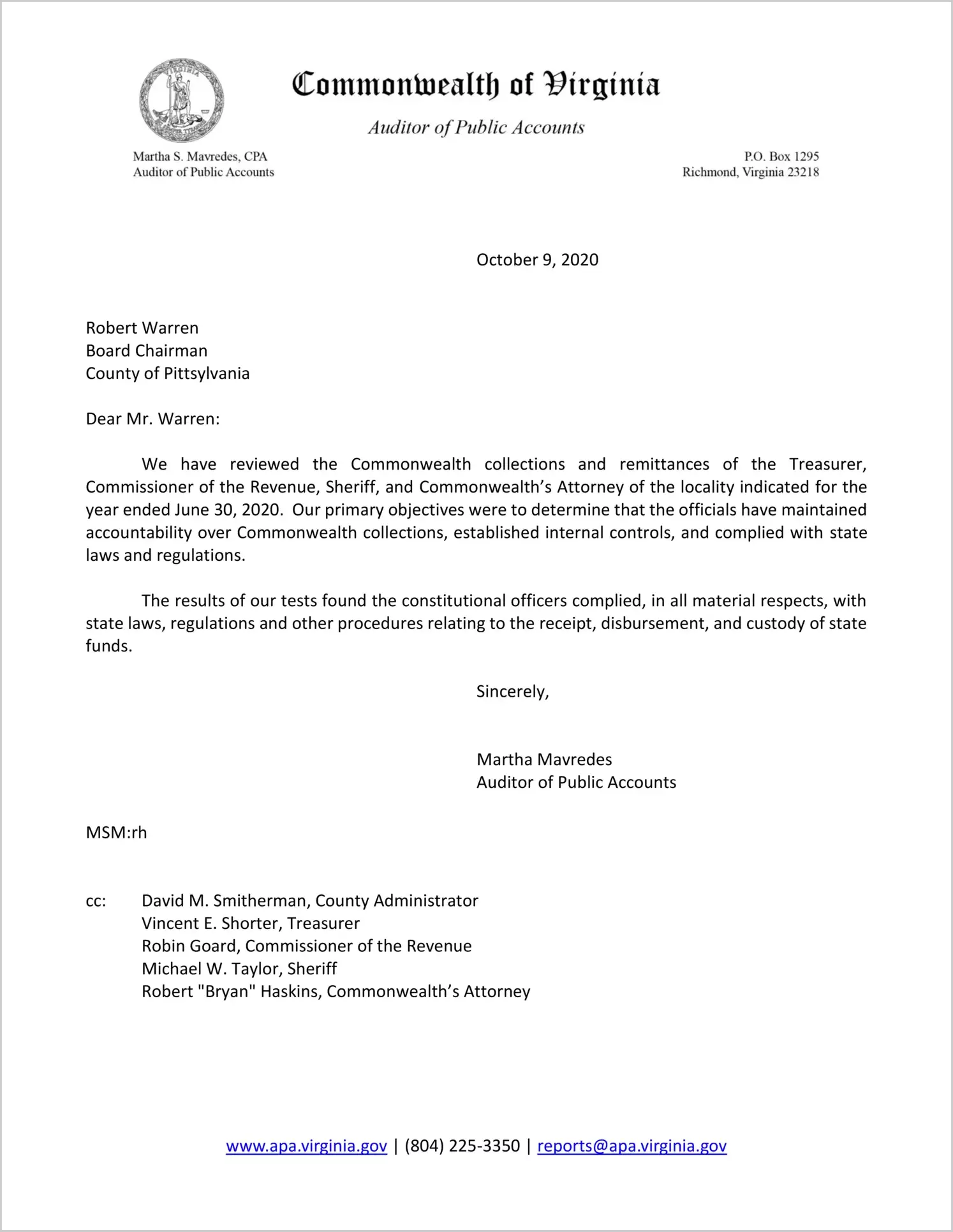 Commonwealth Collections and Remittances of the Treasurer, Commissioner of Revenue, Sheriff, and Commonwealth? Attorney for the County of Pittsylvania for the year ended June 30, 2020