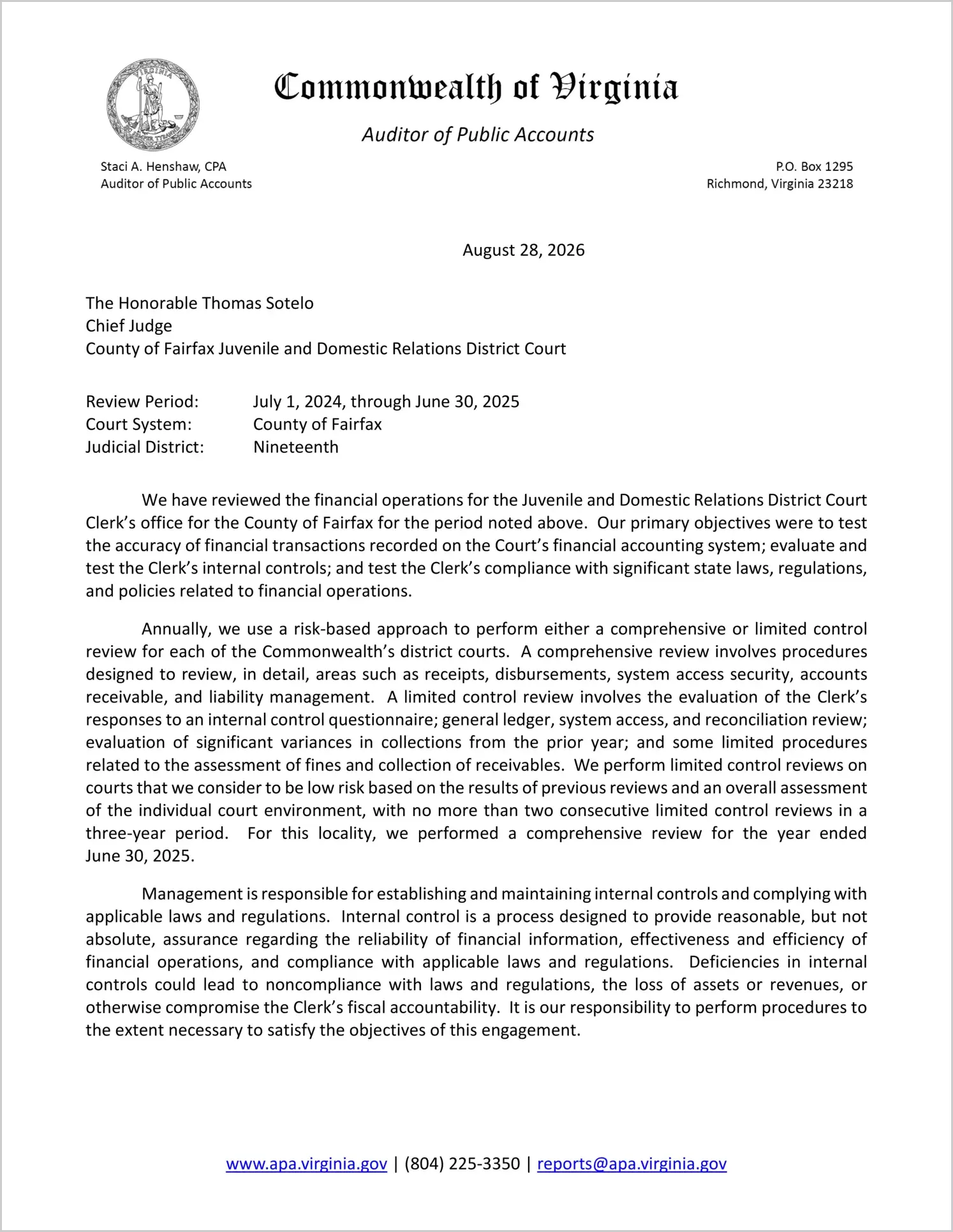 preview of Juvenile and Domestic Relations District Court for the County of Fairfax for the period July 1, 2024 through June 30, 2025