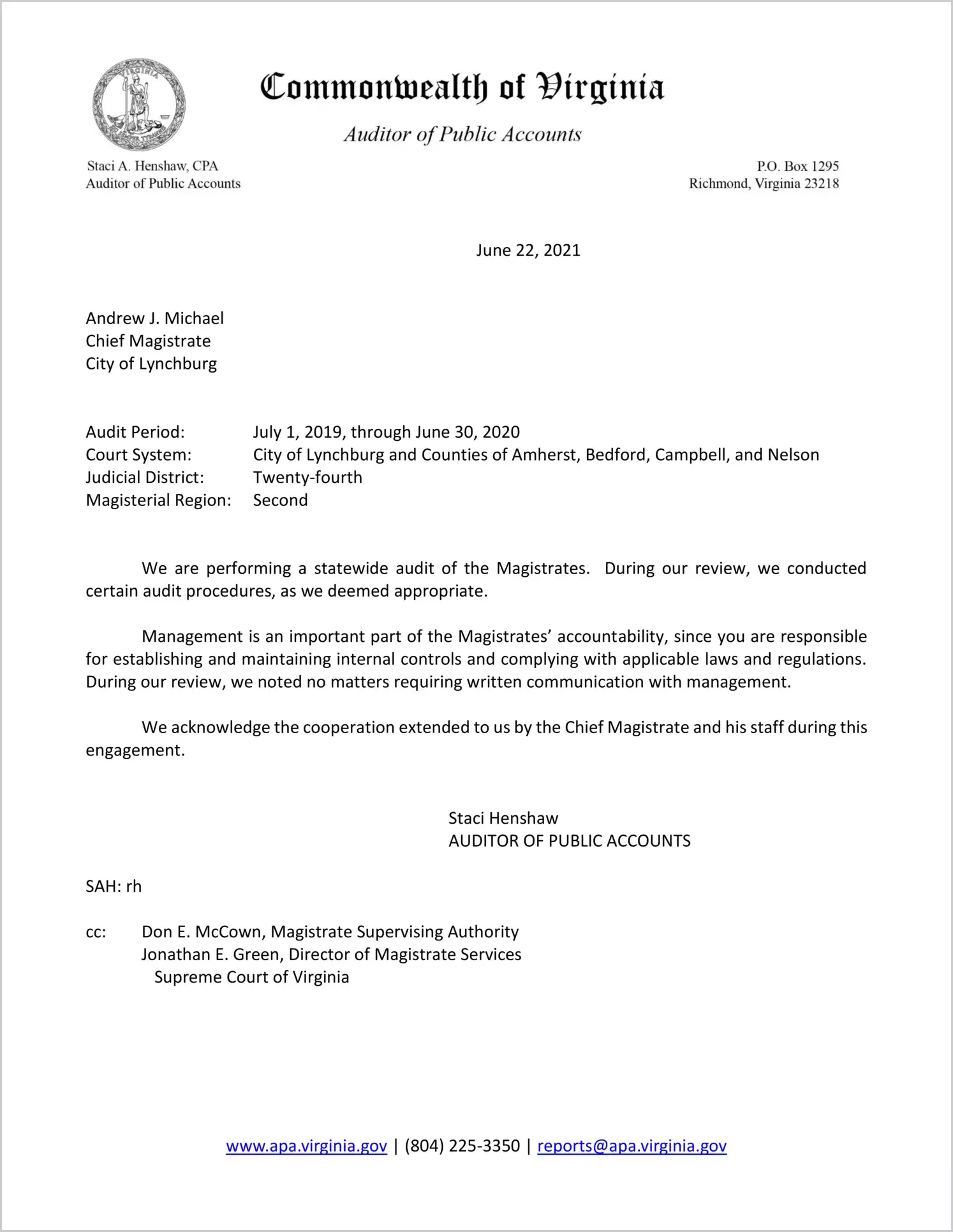 Magistrate of the Judicial District 24 for the period July 1, 2019 through June 30, 2020