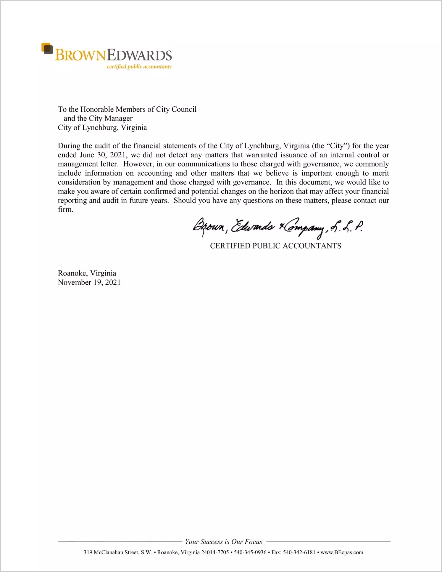 preview of 2021 Management Letter for City of Lynchburg