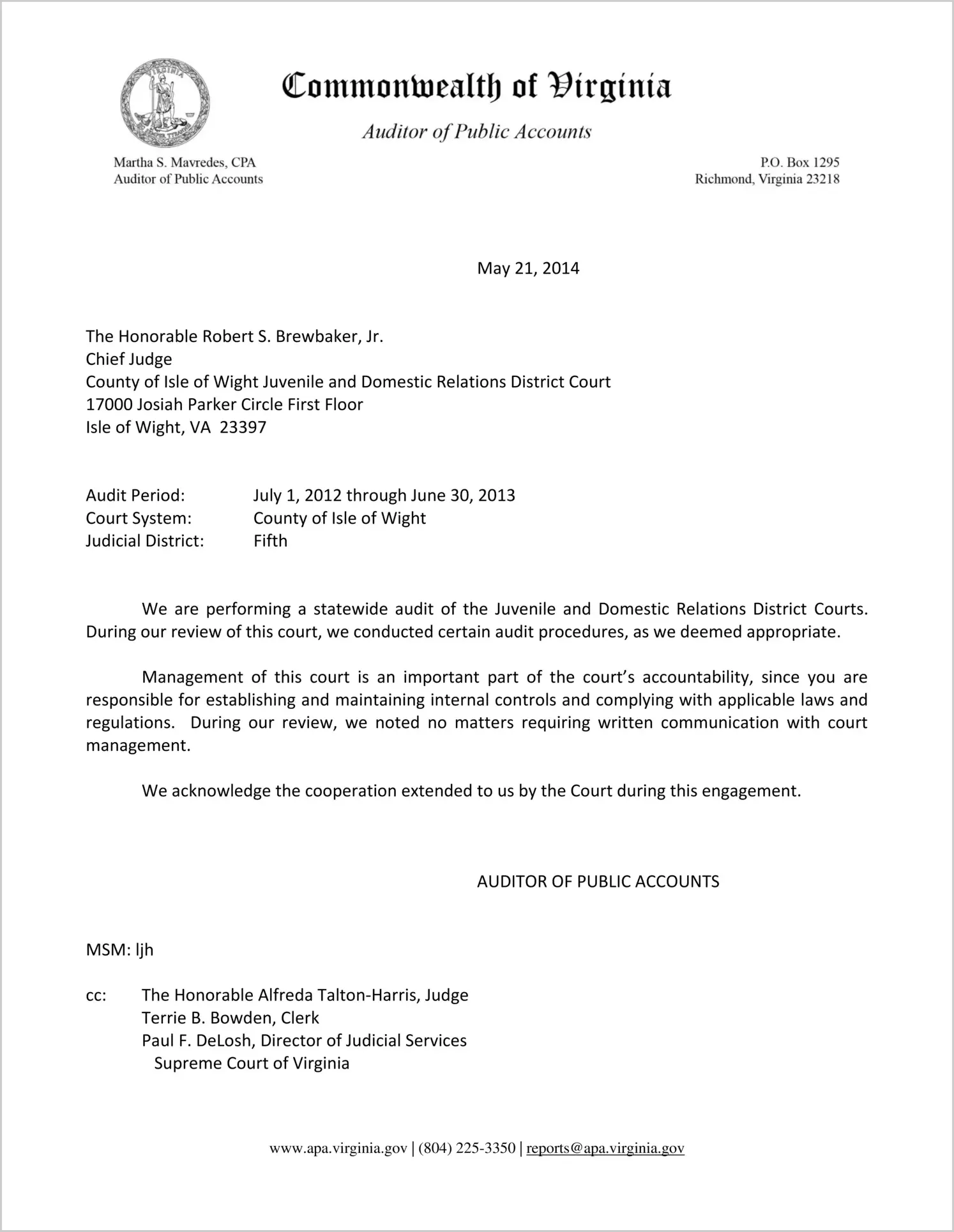Clerk of the Juvenile and Domestic Relations Court for the County of Isle of Wight Report on Audit for the period July 1, 2012 through June 30, 2013