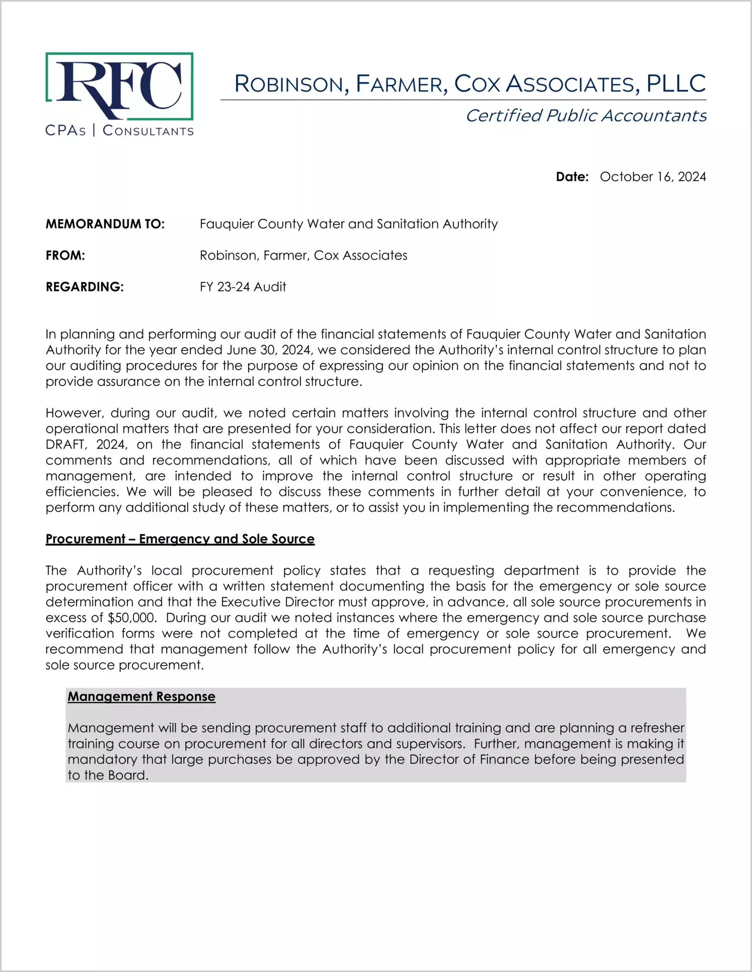 preview of 2024 ABC/Other Management Letter for Fauquier County Water and Sanitation Authority