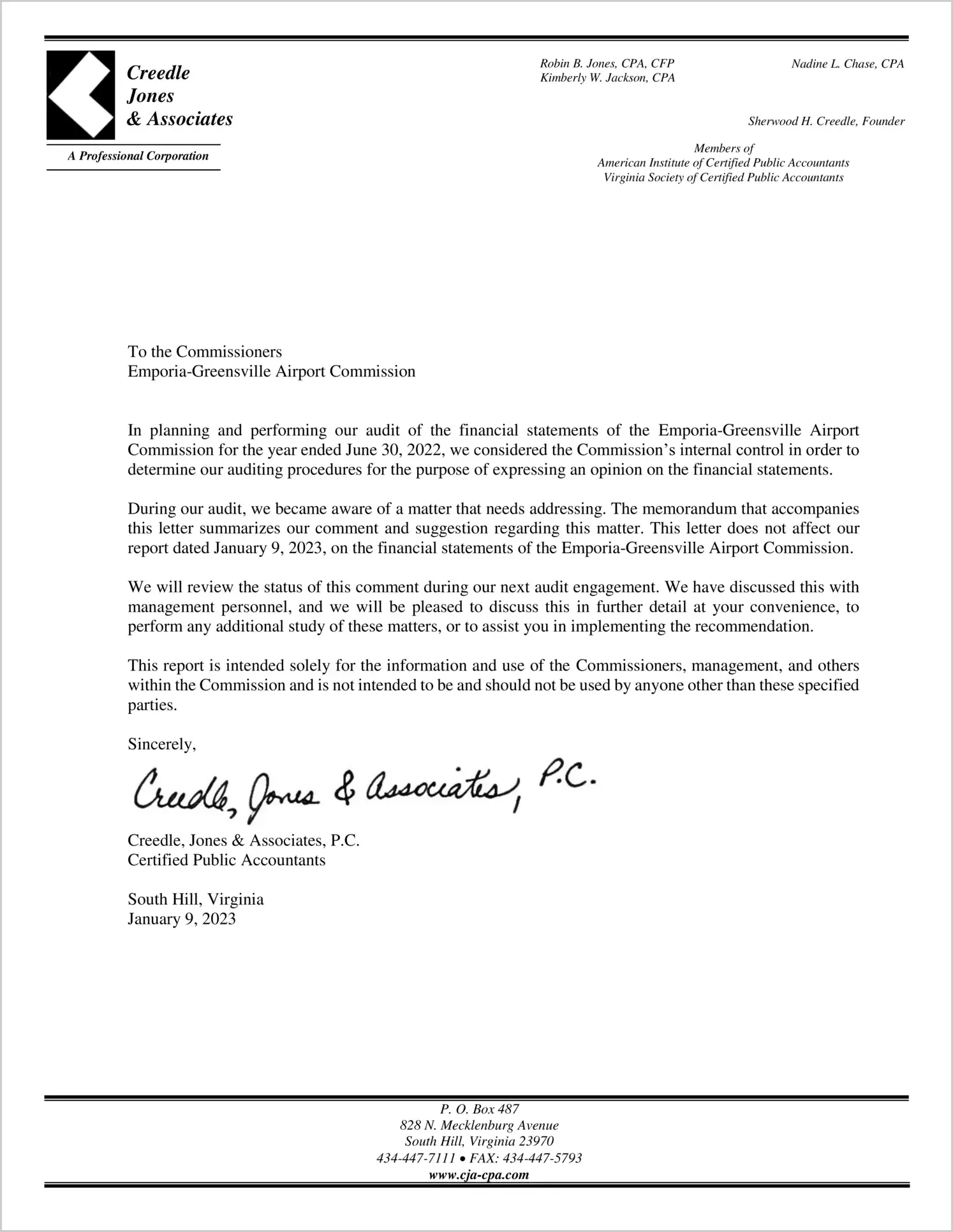 2022 ABC/Other Management Letter for Emporia Greensville Airport Commission